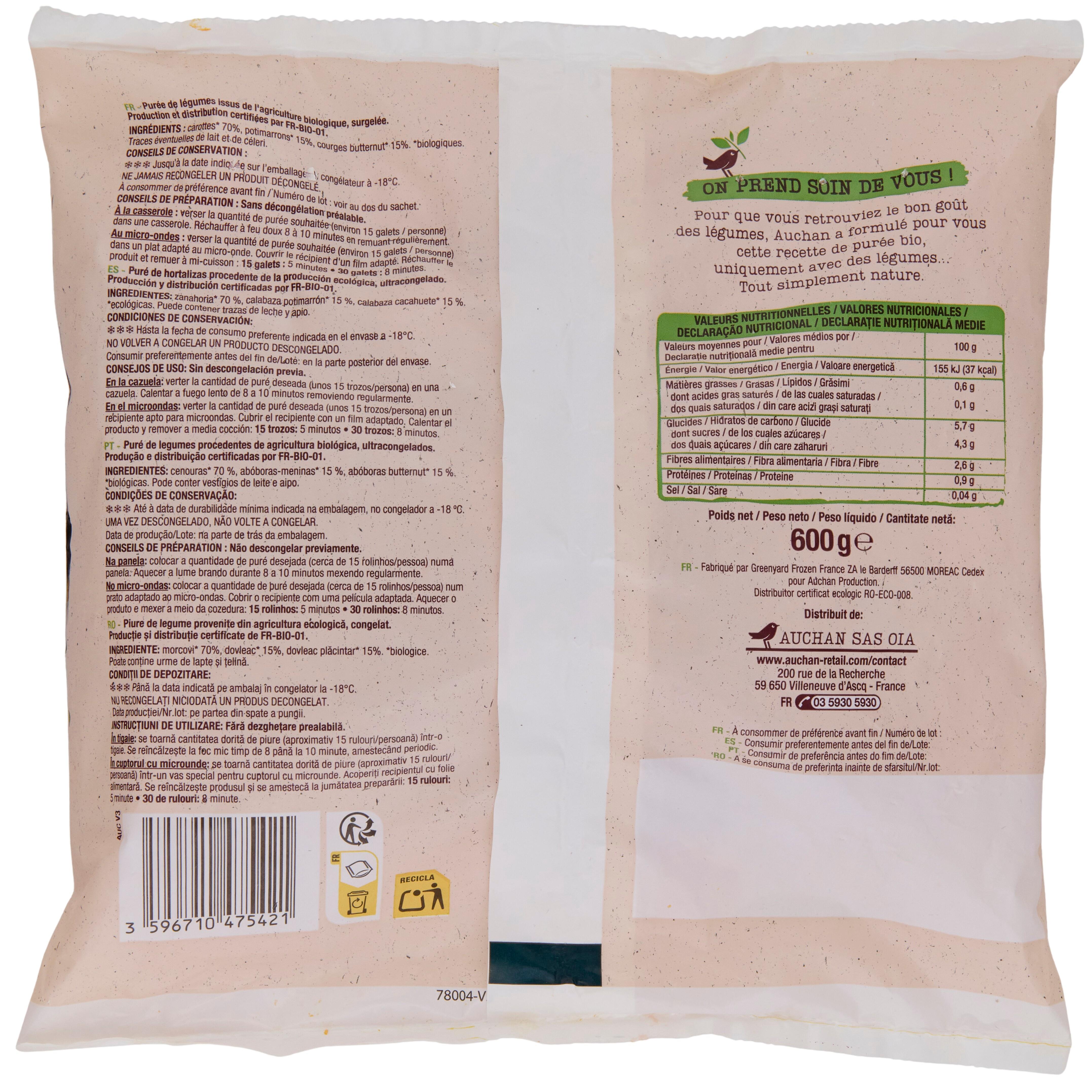 Voir la diapositive 3 : AUCHAN BIO Purée de carotte potimarron et courge butternut 3 portions 600g