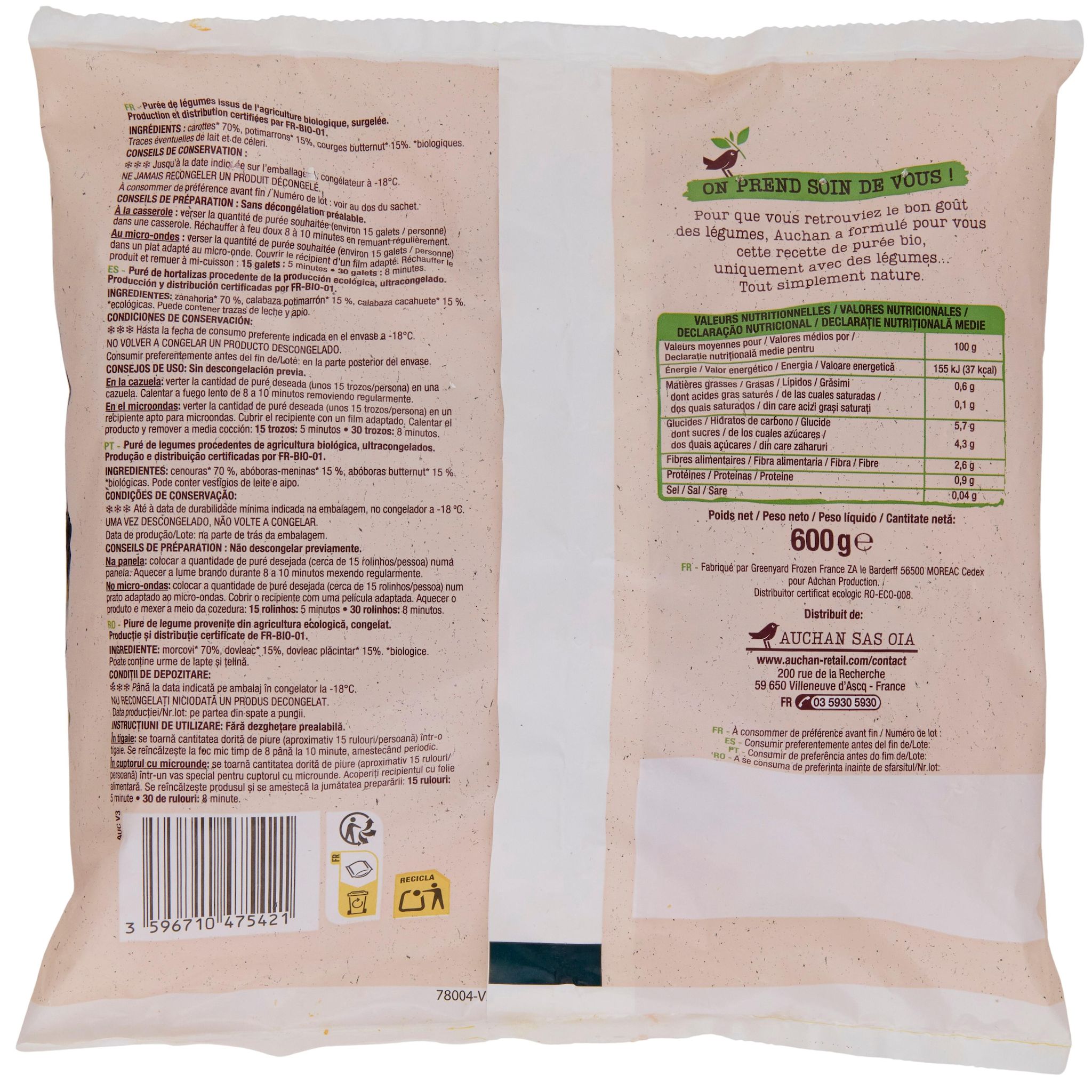 Voir la diapositive 3 : AUCHAN BIO Purée de carotte potimarron et courge butternut 3 portions 600g