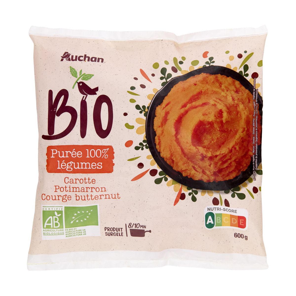 AUCHAN BIO Purée de carotte potimarron et courge butternut 3 portions 600g