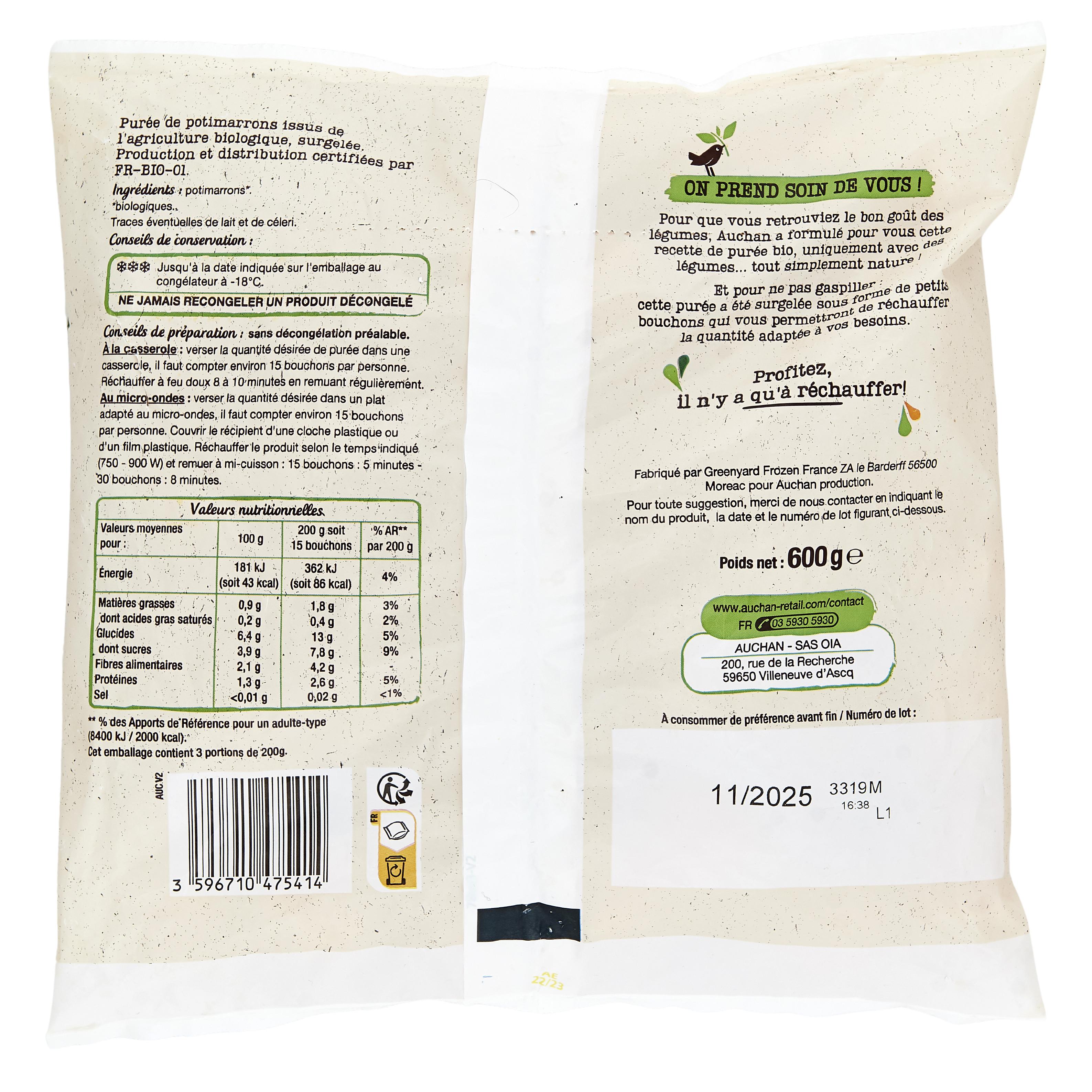 Voir la diapositive 4 : AUCHAN BIO Purée de potimarron 600g
