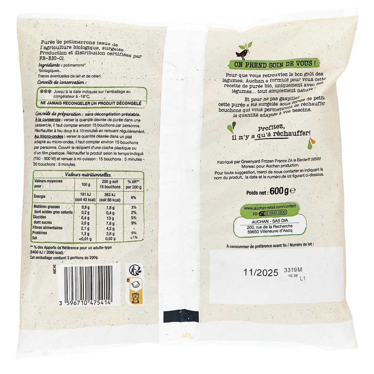 AUCHAN BIO Purée de potimarron 600g