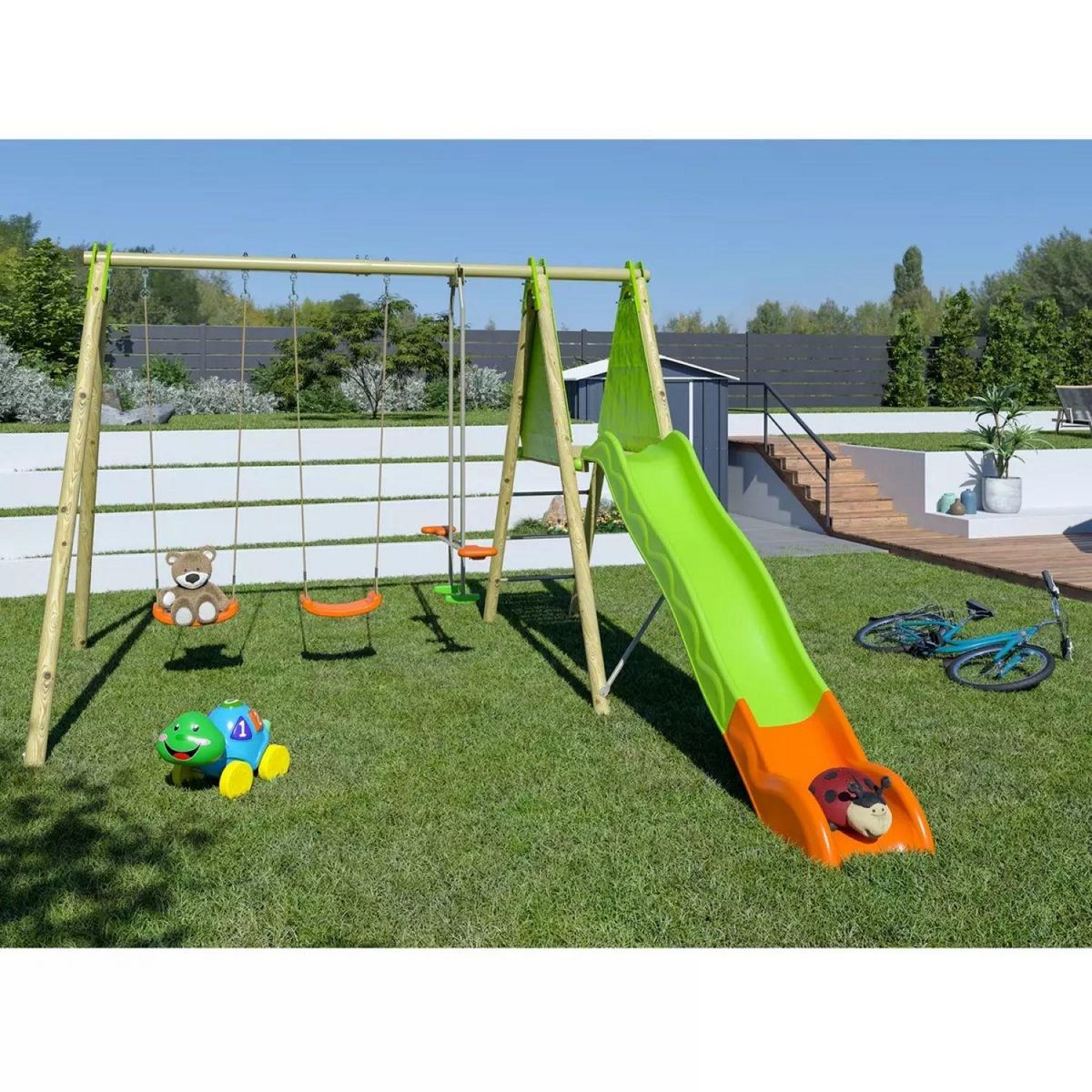ALEO BY TRIGANO Portique balançoire avec toboggan - Bois - H2,30m - OPTIMA