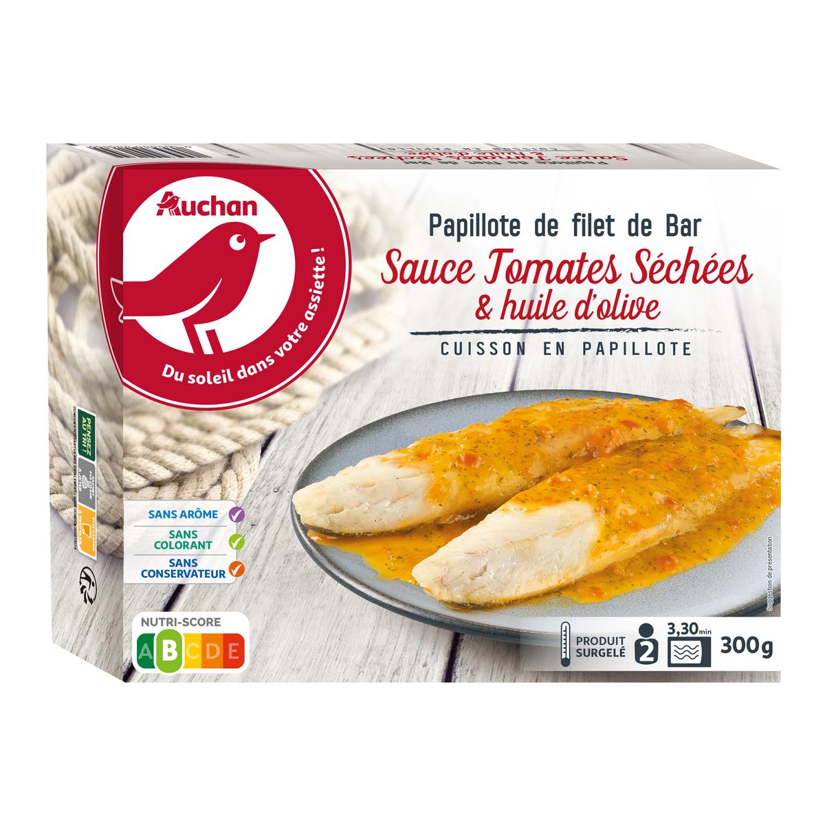 AUCHAN Papillote de filet de bar sauce tomates séchées et huile d'olive 2 portions 300g