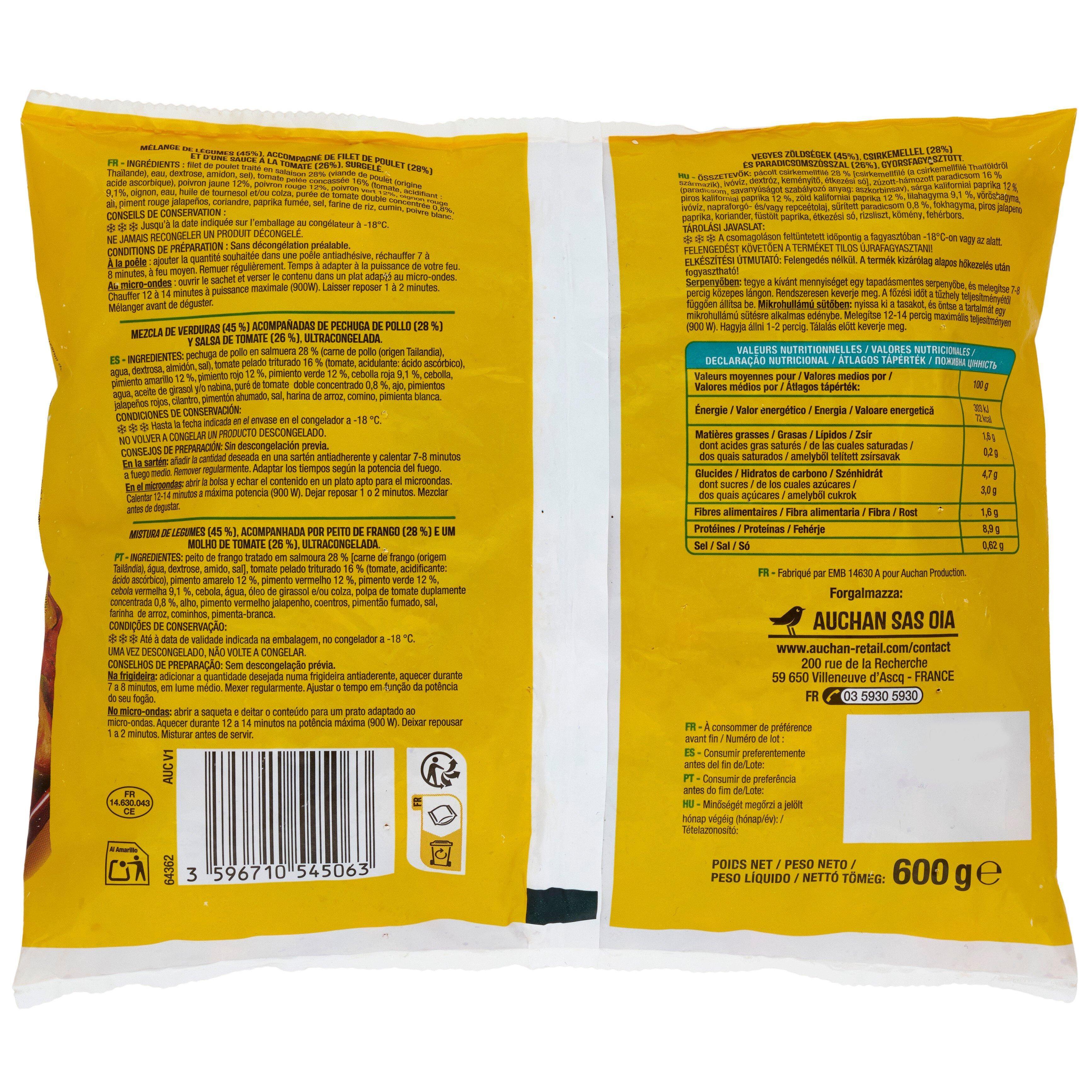 Voir la diapositive 2 : AUCHAN Mélange pour fajitas : poulet, poivrons et oignons 3 portions 600g