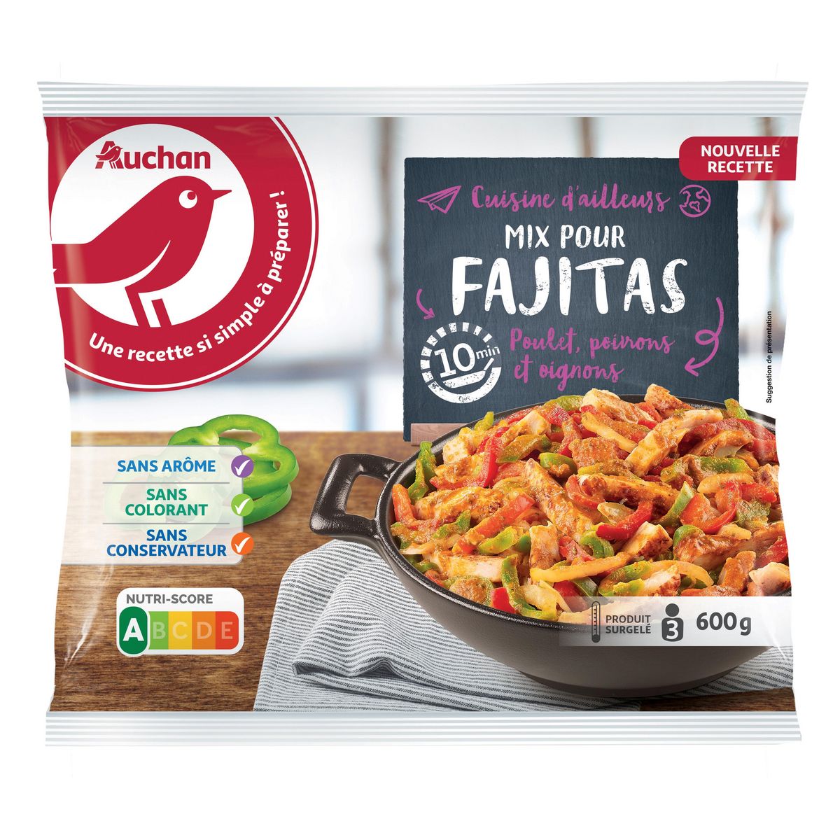 AUCHAN Mélange pour fajitas : poulet, poivrons et oignons 3 portions 600g