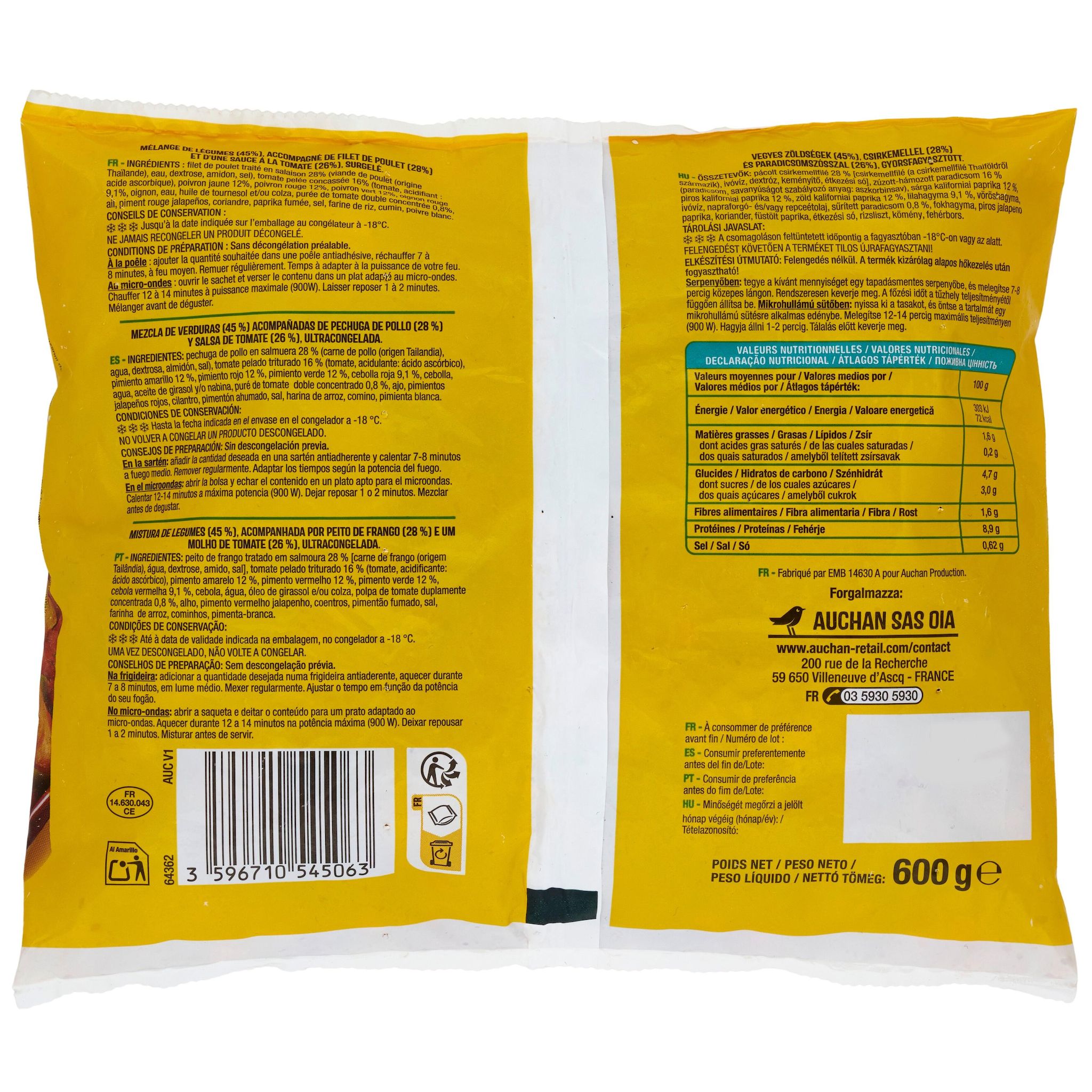 Voir la diapositive 2 : AUCHAN Mélange pour fajitas : poulet, poivrons et oignons 3 portions 600g