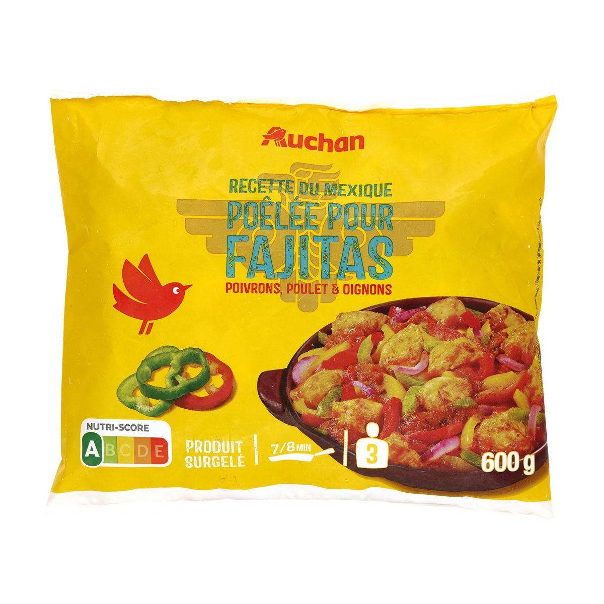 AUCHAN Mélange pour fajitas : poulet, poivrons et oignons 3 portions 600g