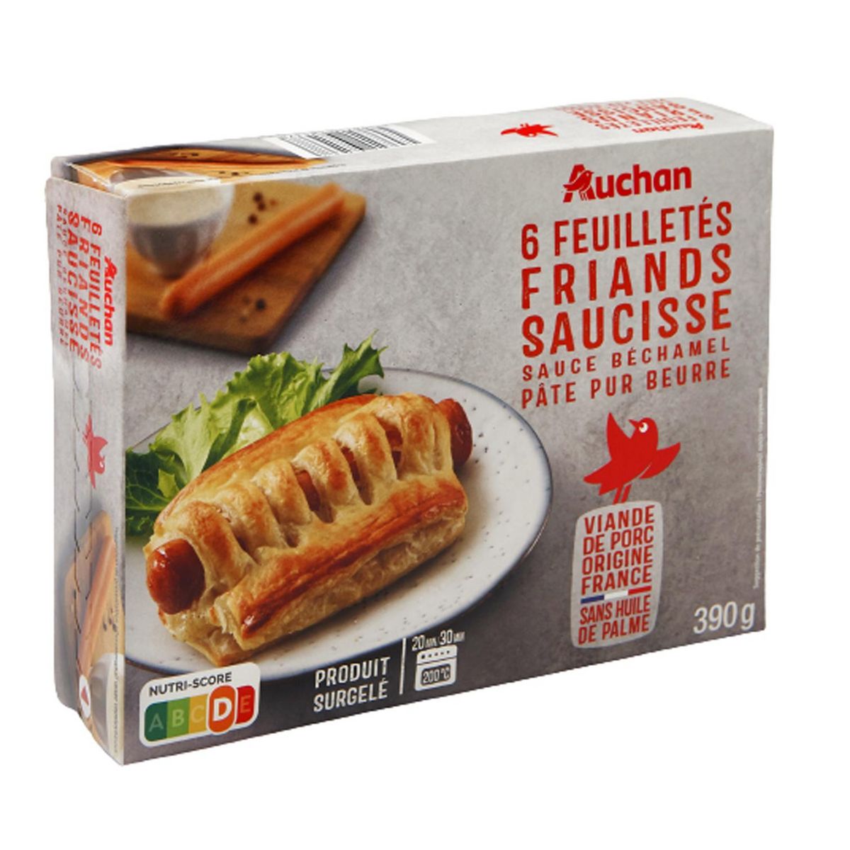 AUCHAN Feuilleté à la saucisse de Strasbourg sauce béchamel 6 pièces 390g