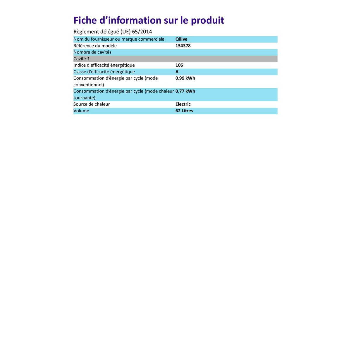 QILIVE Four encastrable Q.6483, 65 L, Multifonction, Chaleur tournante, Nettoyage Pyrolyse