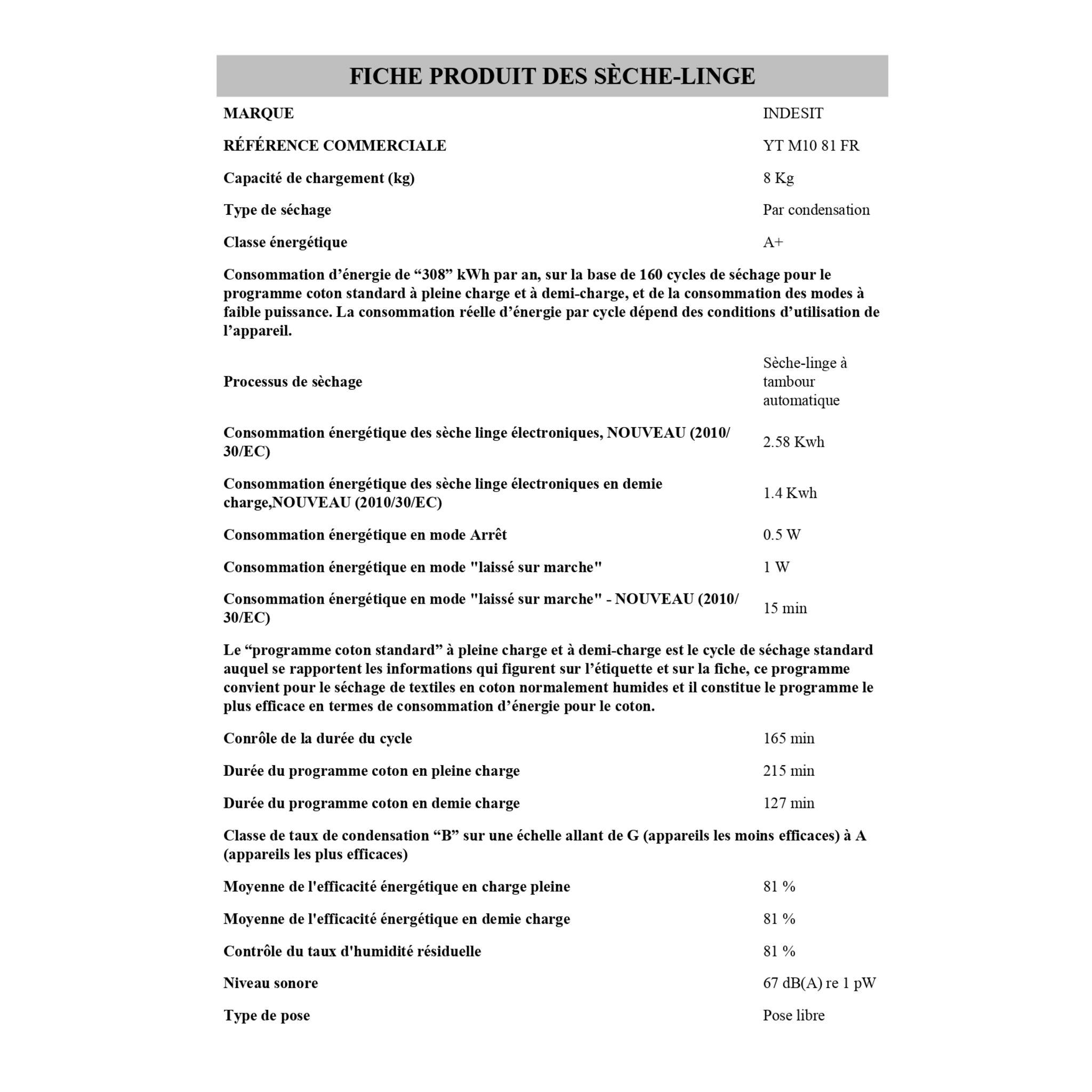 Voir la diapositive 4 : INDESIT Sèche linge hublot YTM1081FR, 8 kg, Condensation, Pompe à chaleur, A+
