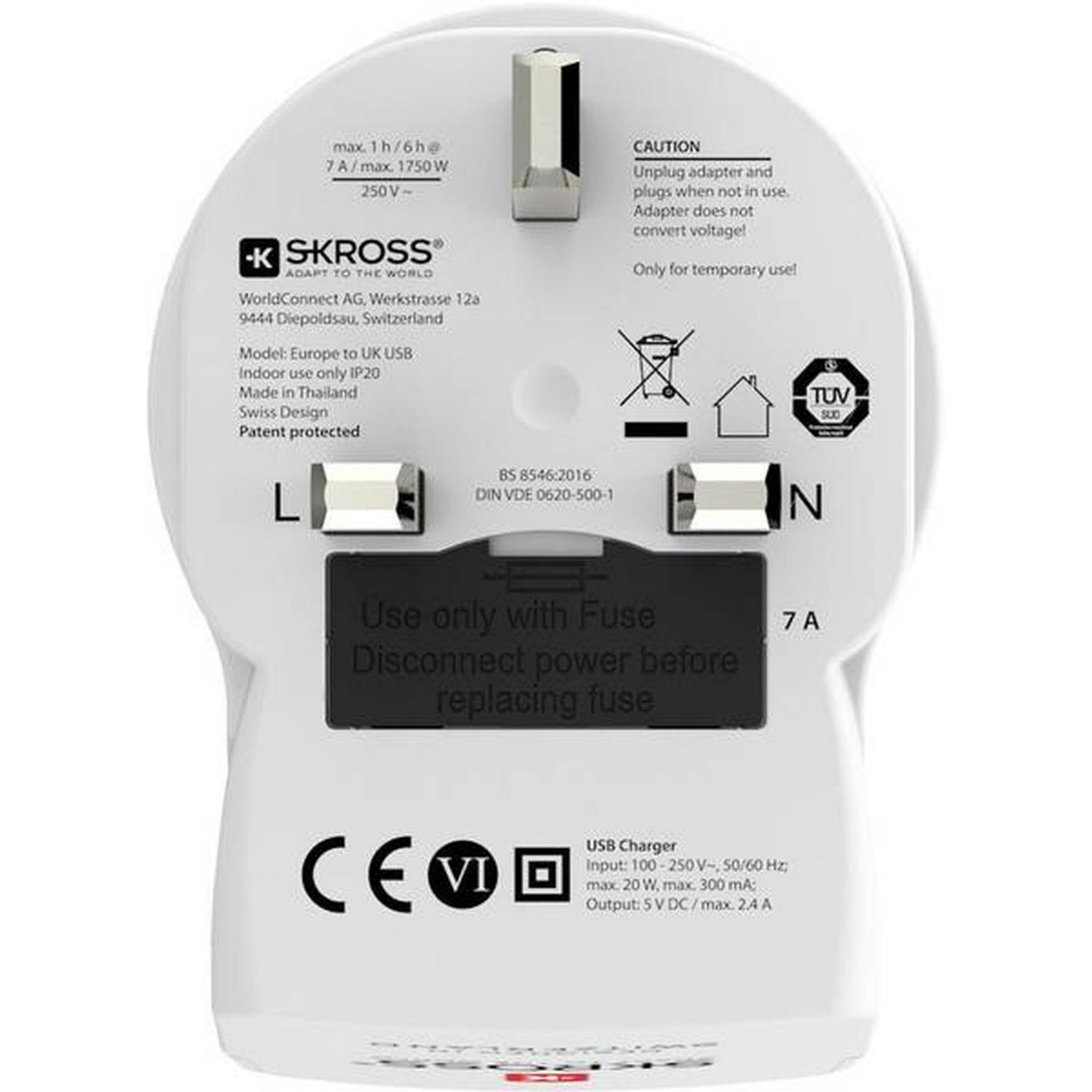 Voir la diapositive 4 : SKROSS Adaptateur secteur de voyage Europe vers Grande Bretagne + Double chargeur USB - Blanc