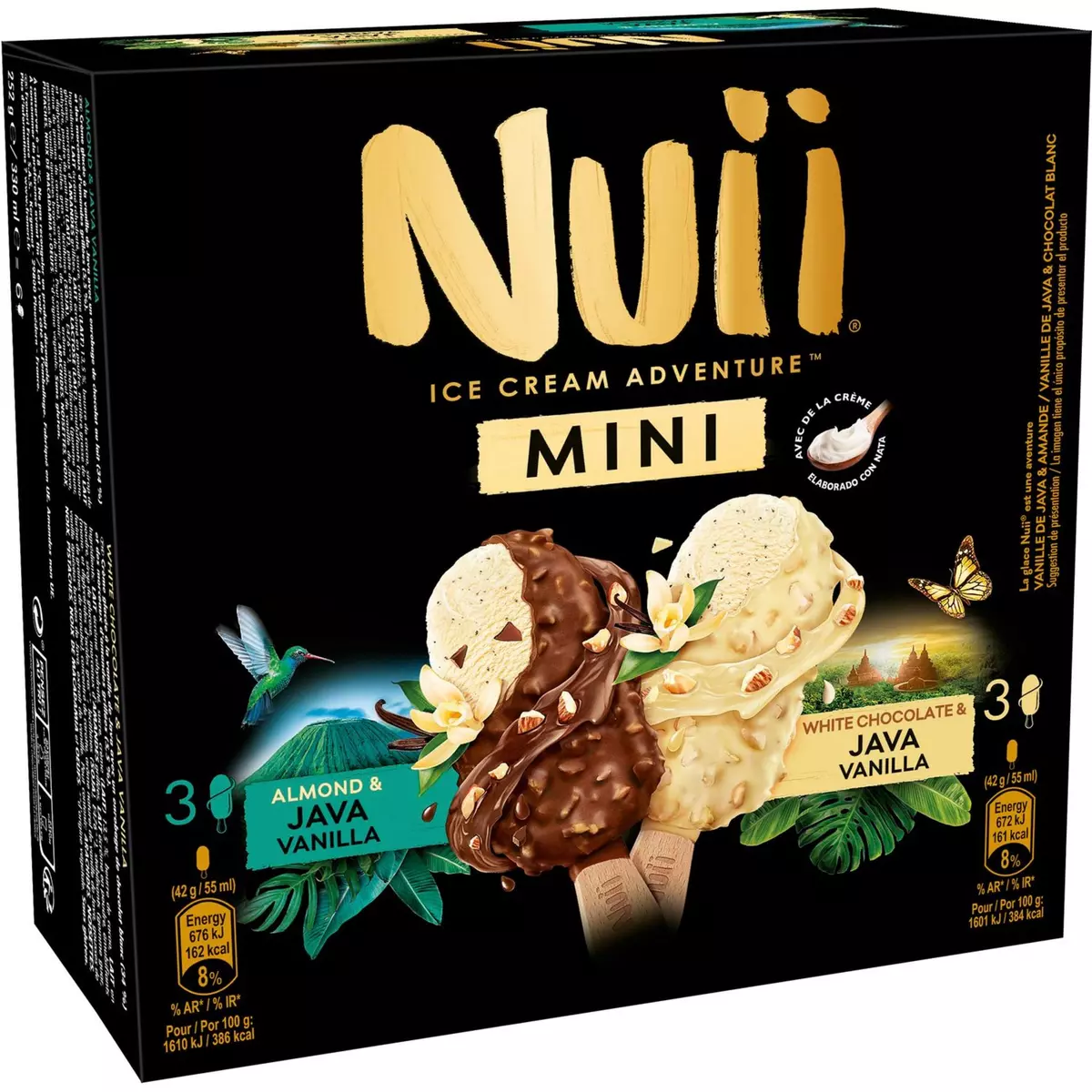 NUII Mini bâtonnet glacé vanille Java enrobé chocolat lait et blanc et amandes 6 pièces 252g