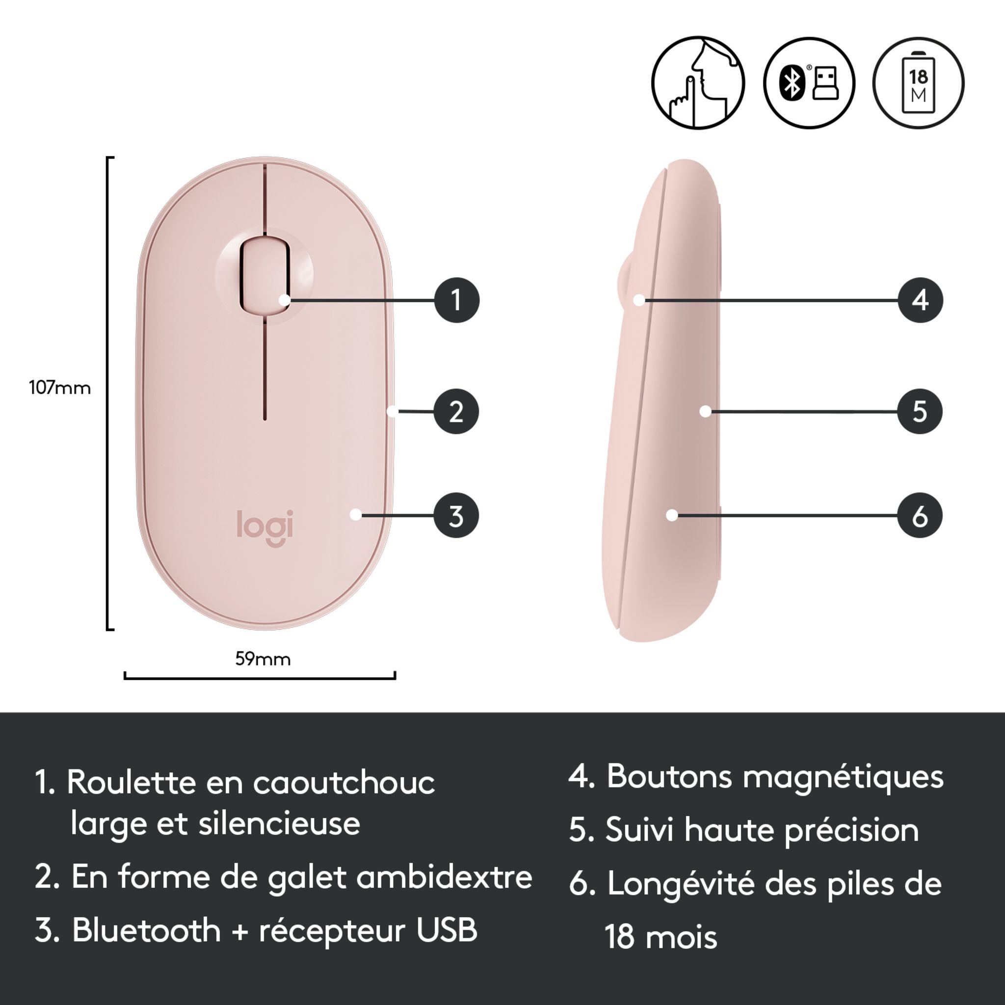 Voir la diapositive 12 : LOGITECH Souris Sans Fil M350 Pebble Sliencieuse Bluetooth - Rose