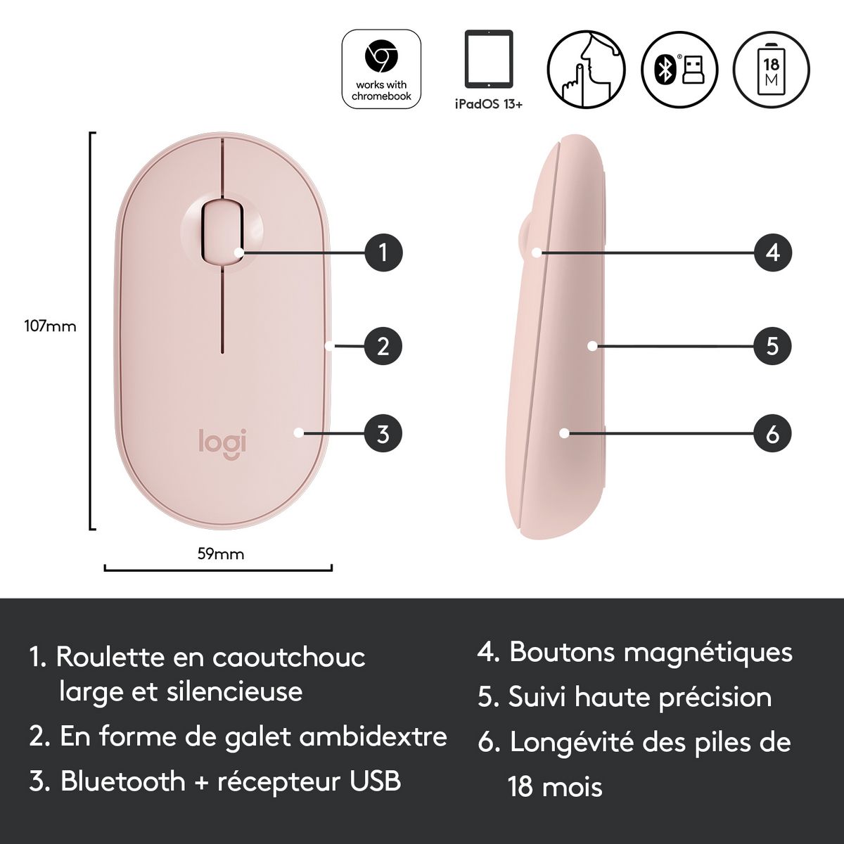 LOGITECH Souris Sans Fil M350 Pebble Sliencieuse Bluetooth - Rose