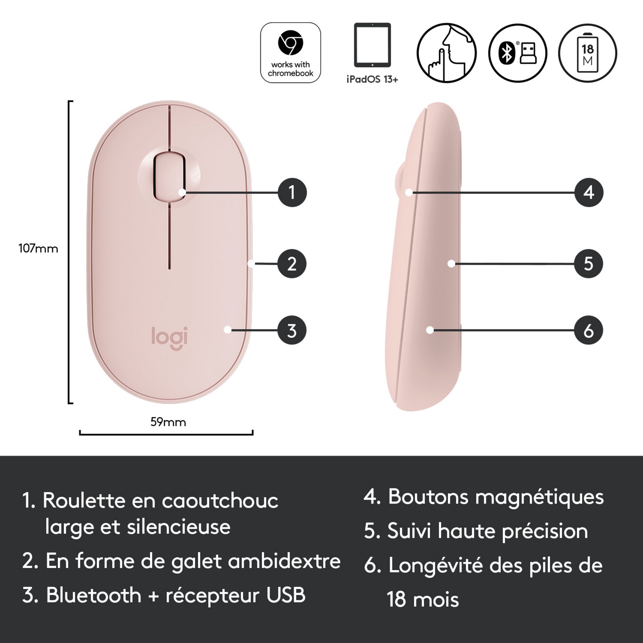 Voir la diapositive 3 : LOGITECH Souris Sans Fil M350 Pebble Sliencieuse Bluetooth - Rose