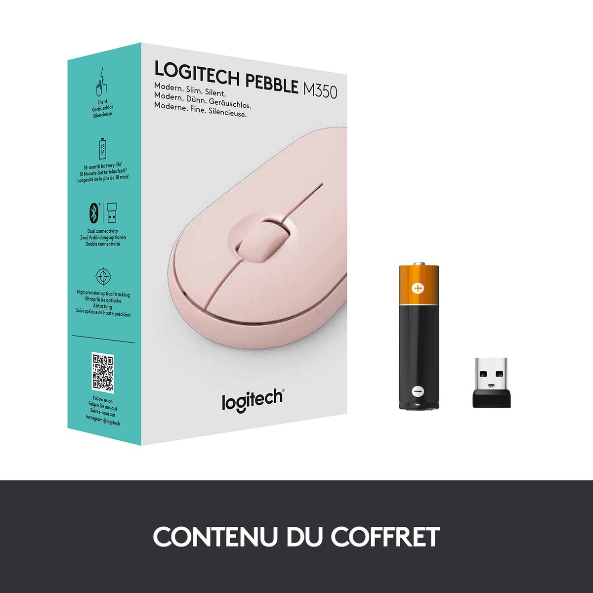 LOGITECH Souris Sans Fil M350 Pebble Sliencieuse Bluetooth - Rose