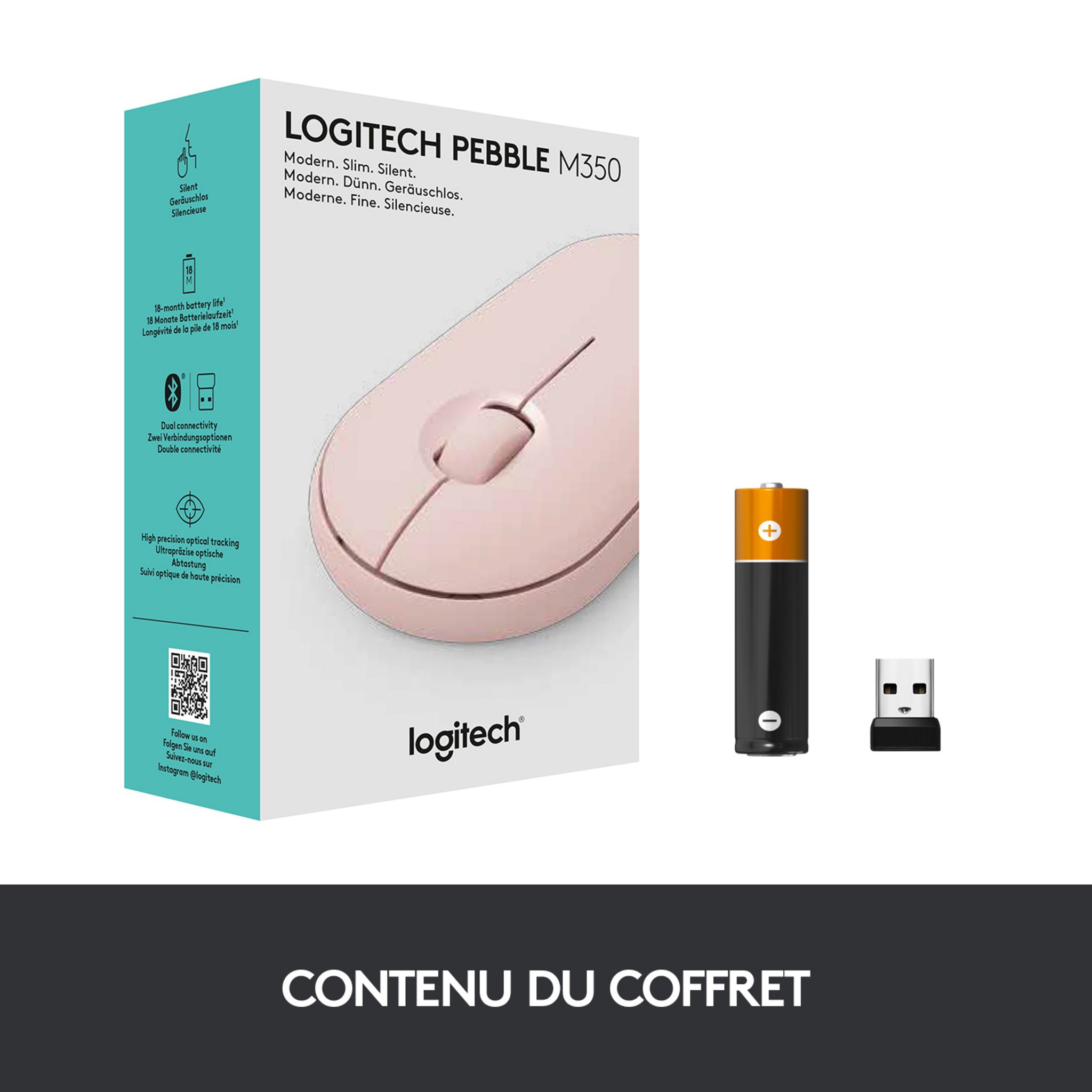 Voir la diapositive 10 : LOGITECH Souris Sans Fil M350 Pebble Sliencieuse Bluetooth - Rose