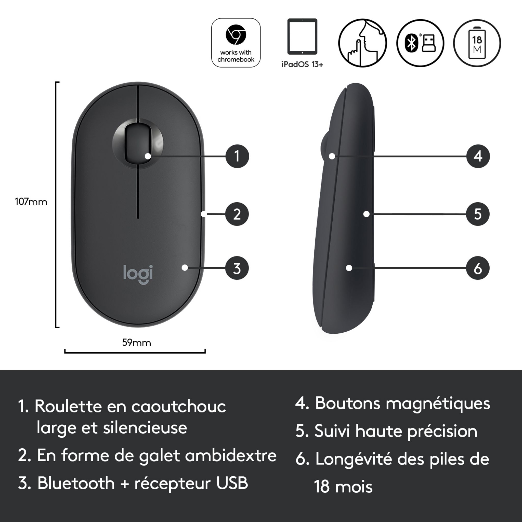 Voir la diapositive 8 : LOGITECH Souris Sans Fil M350 Pebble Sliencieuse Bluetooth - Graphite