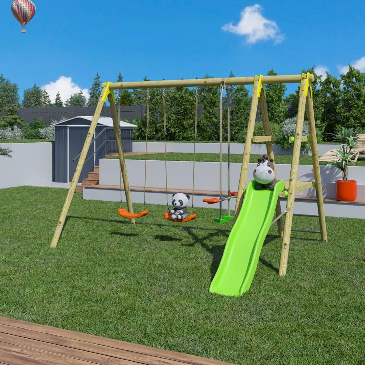 ALEO BY TRIGANO Portique balançoire avec toboggan - Bois - H2,30m - TUTTI