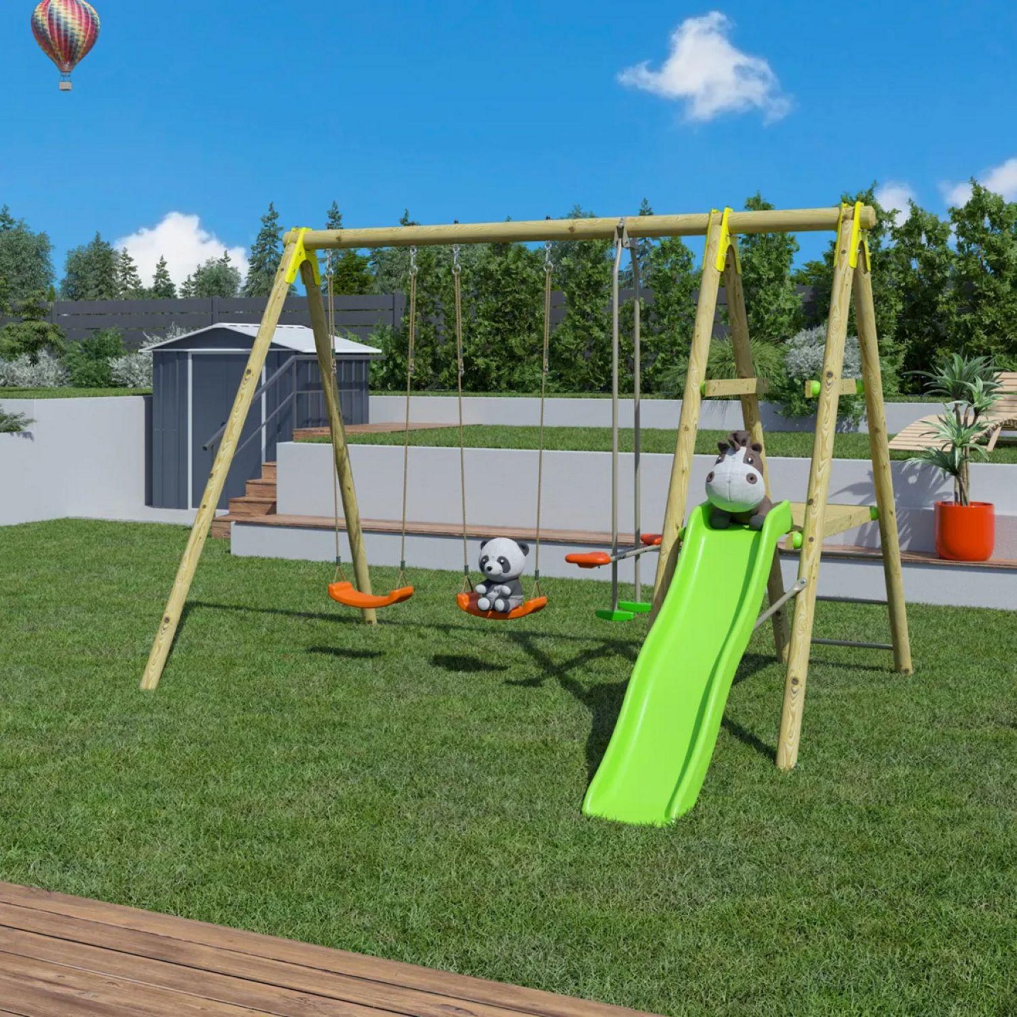 Voir la diapositive 2 : ALEO BY TRIGANO Portique balançoire avec toboggan - Bois - H2,30m - TUTTI