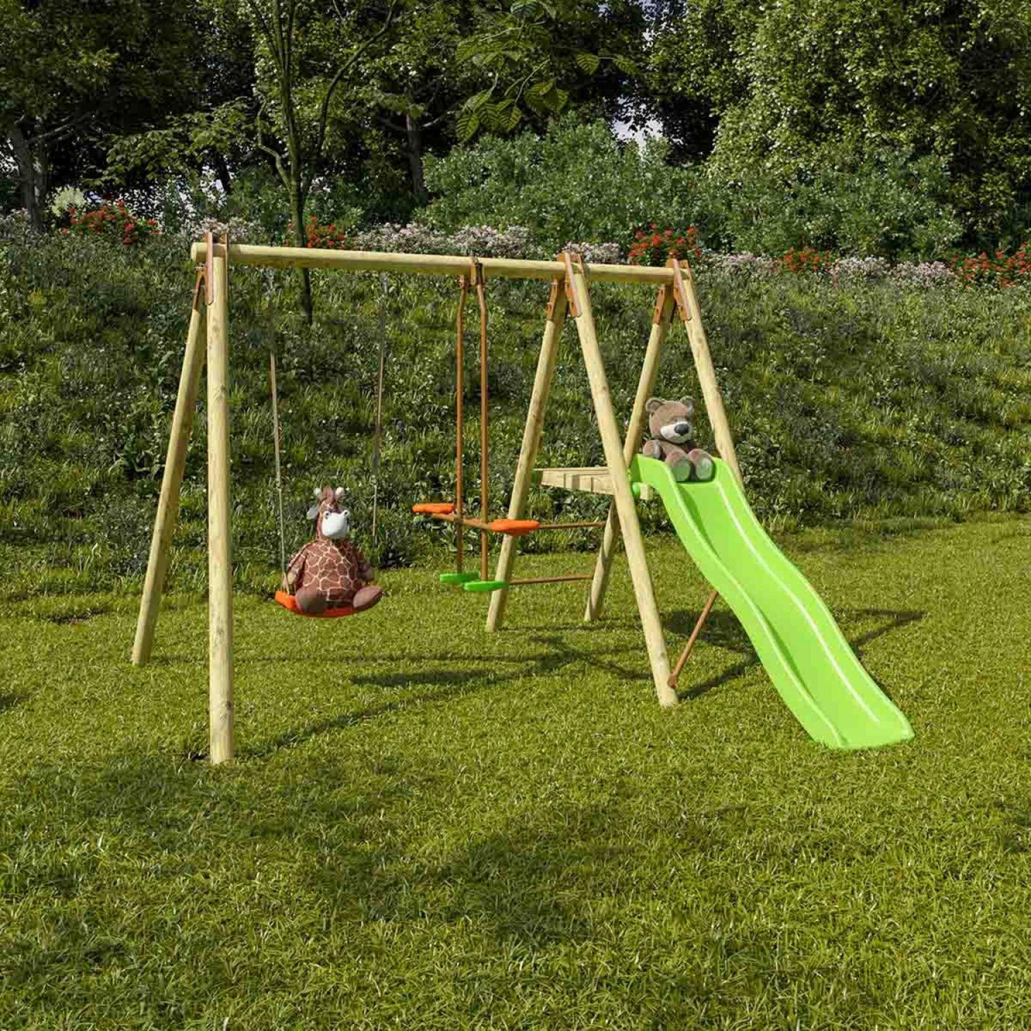 Voir la diapositive 2 : ALEO BY TRIGANO Portique balançoire avec toboggan - Bois - H1,90m - VABI