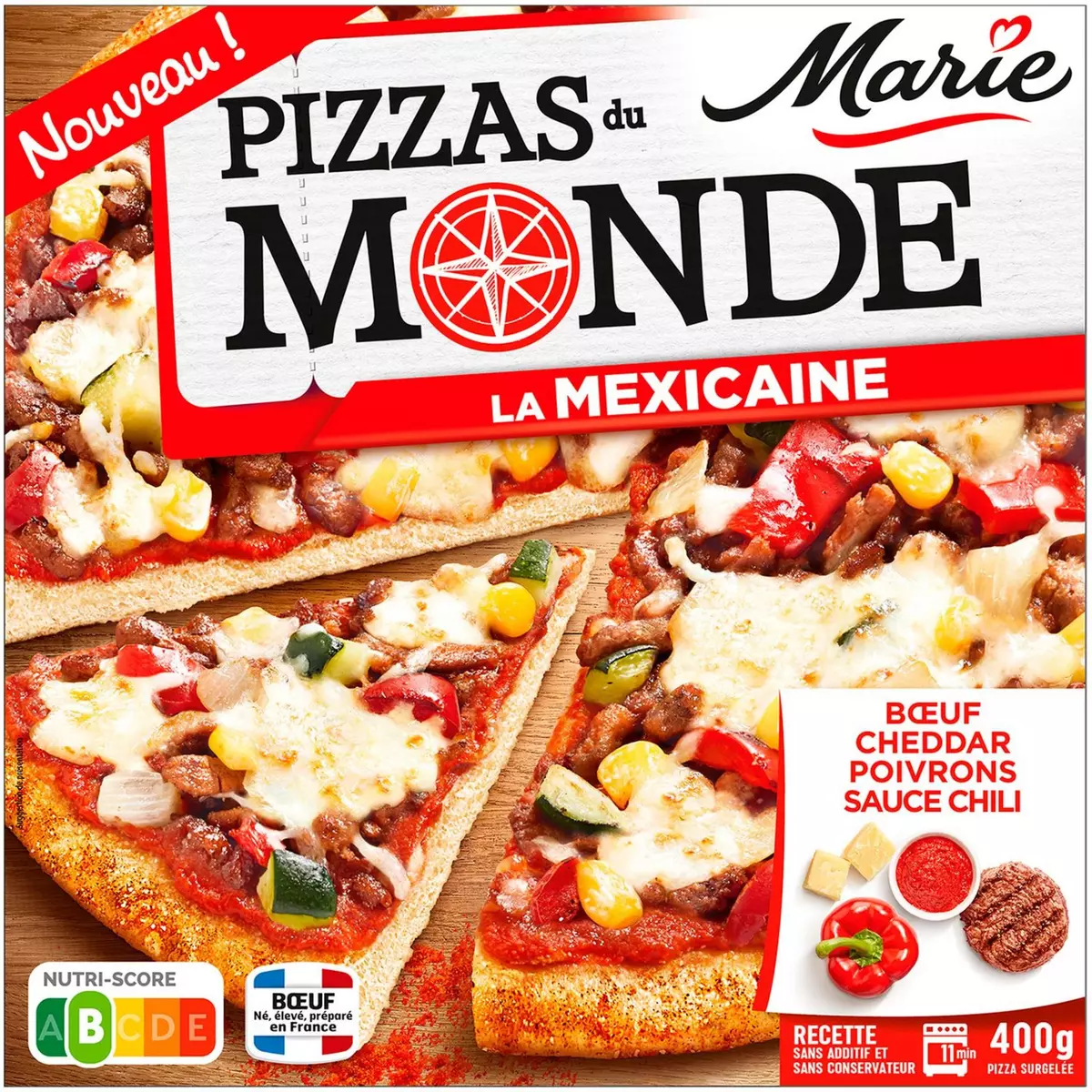 MARIE Pizzas du Monde façon Mexicaine boeuf cheddar poivrons sauce chili 400g