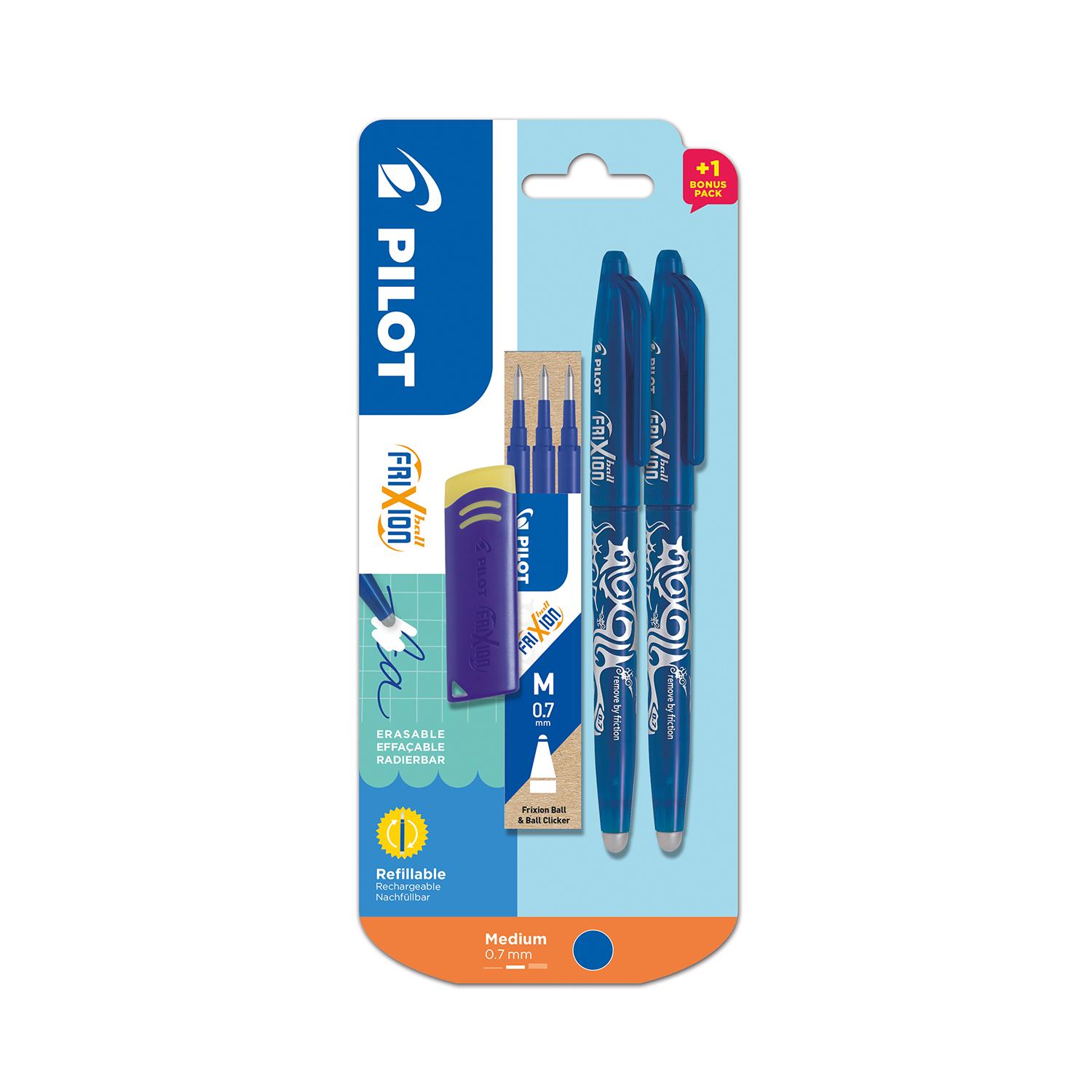 PILOT Lot de 2 stylos effaçables bleus + lot de 3 recharges + gomme frixion ball