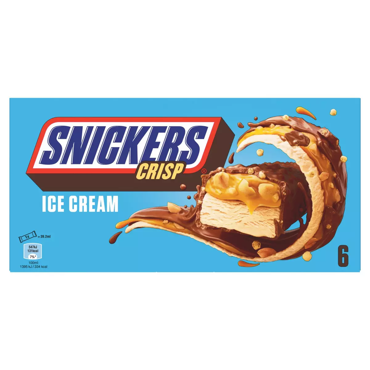 SNICKERS Crisp Barre glacée au chocolat caramel cacahuètes et riz soufflé 6 pièces 207g