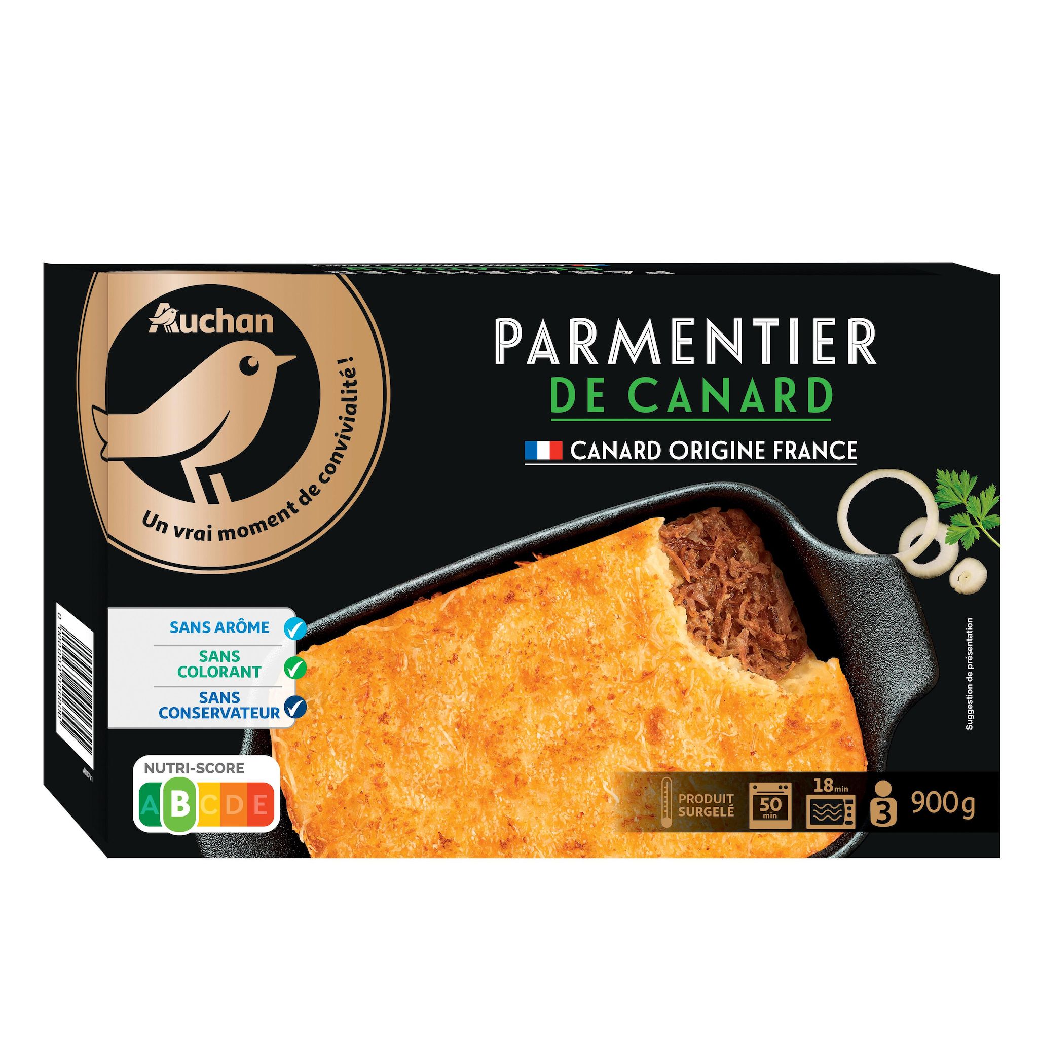 Voir la diapositive 2 : AUCHAN Parmentier de canard 3 portions 900g
