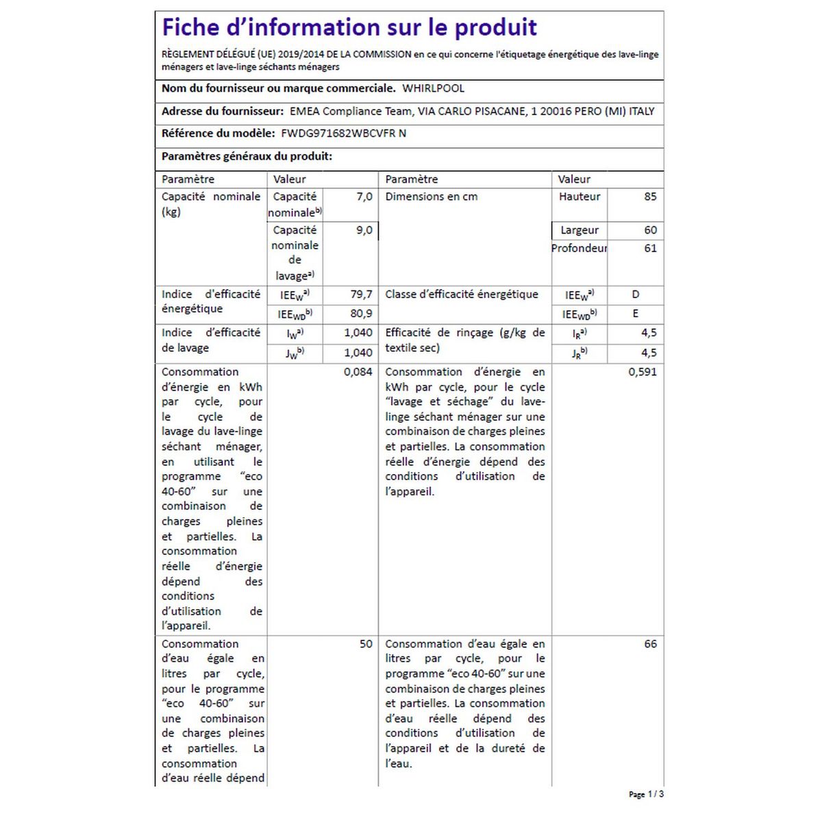 WHIRLPOOL Lave linge séchant hublot FWDG97168B, 9 kg de lavage, 7 kg de séchage, 1600 T/min