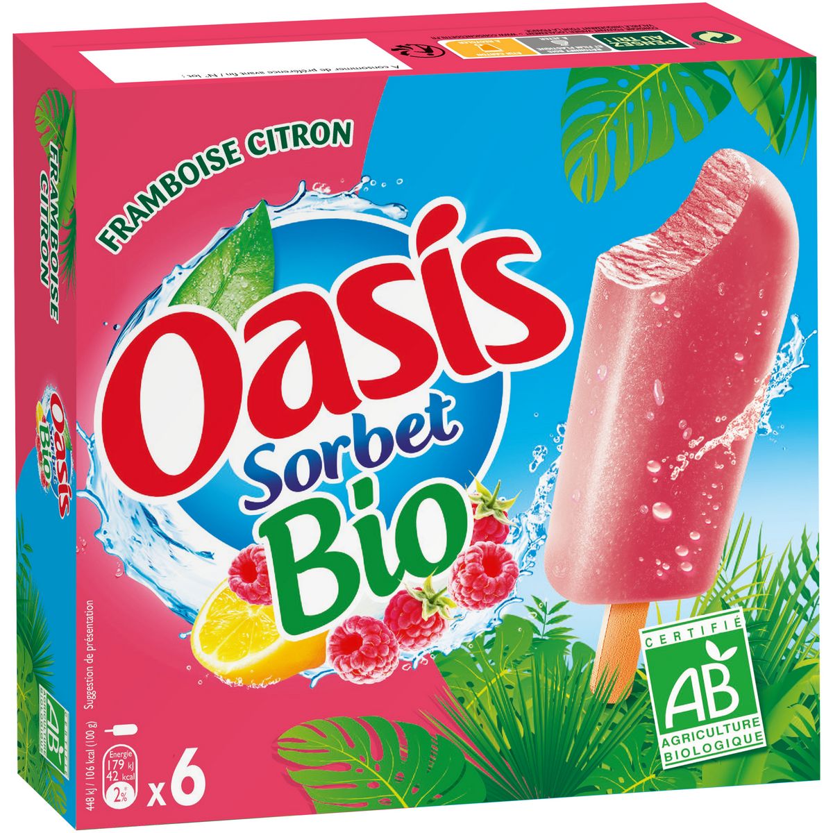 OASIS Bâtonnet sorbet framboise citron bio 6 pièces 240g