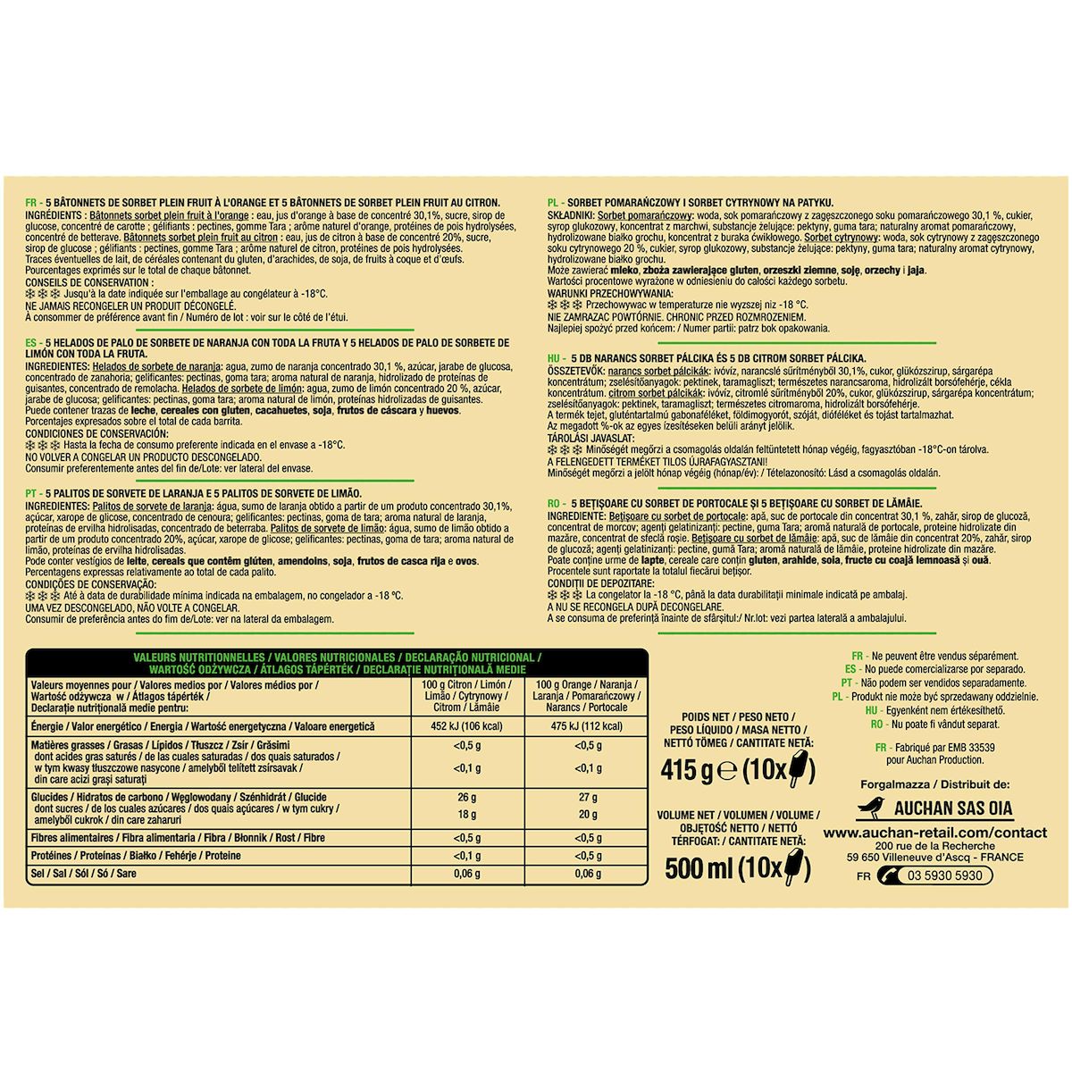 AUCHAN Bâtonnets glacés citron orange 10 pièces 415g