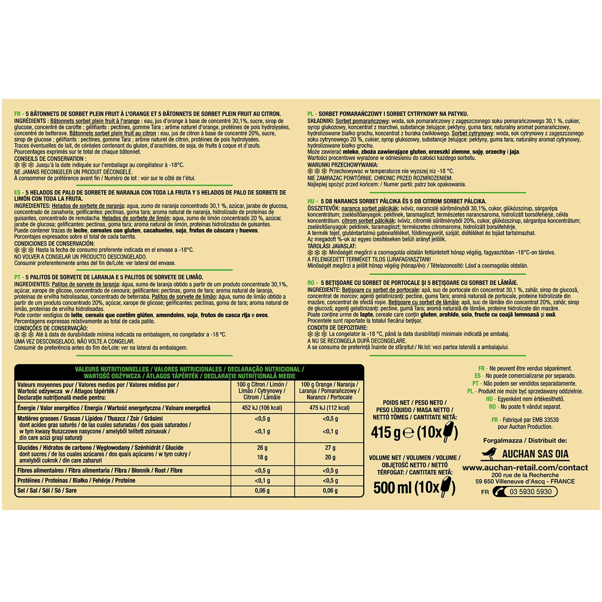 Voir la diapositive 3 : AUCHAN Bâtonnets glacés citron orange 10 pièces 415g