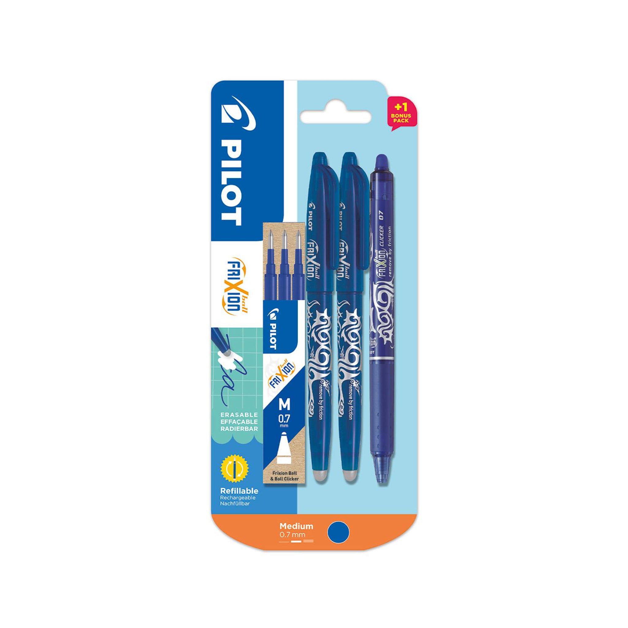 PILOT Stylos Frixion Ball x2 + Frixion Clicker x1 + étui recharge Bleu x3