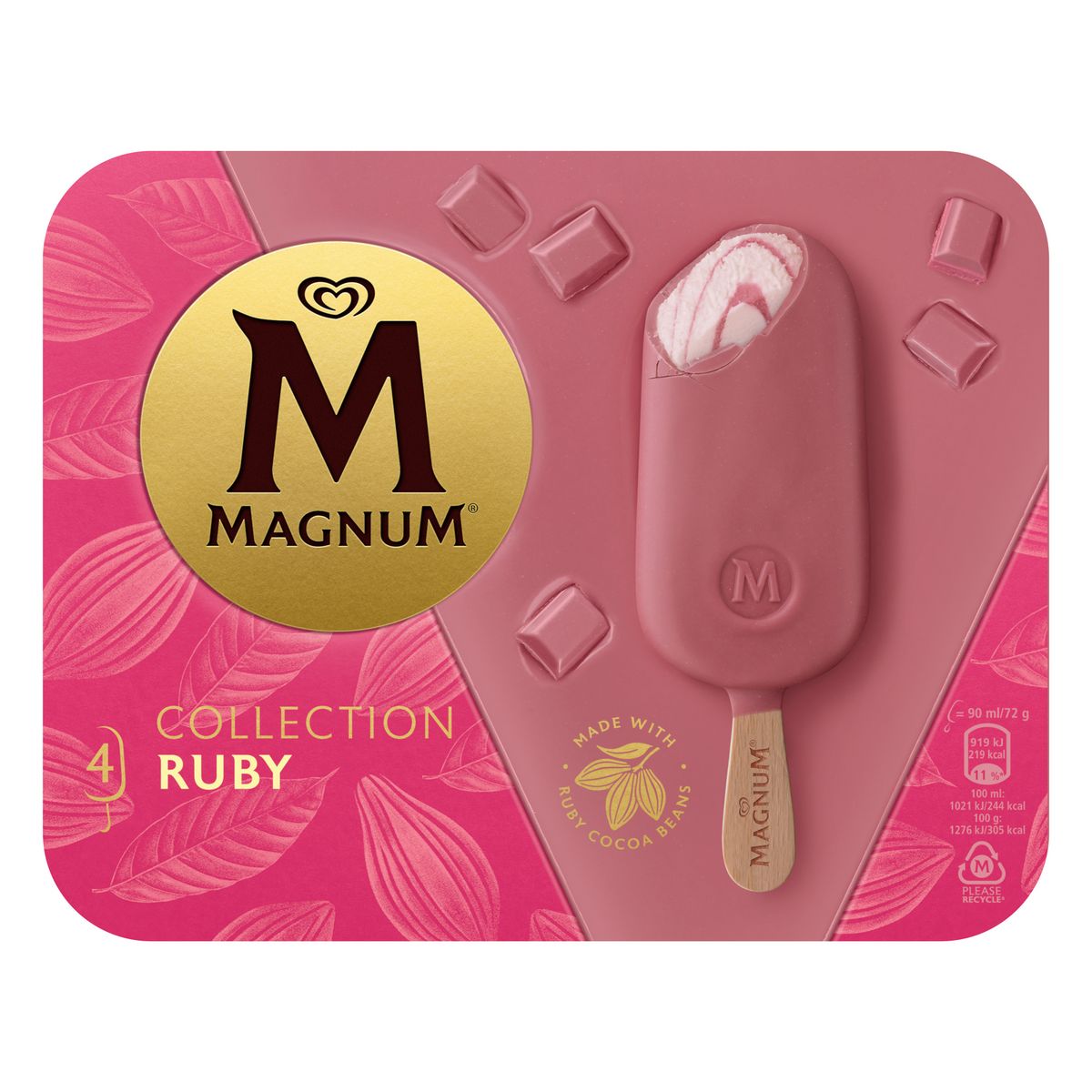 MAGNUM Bâtonnet glacé chocolat blanc avec sauce framboise 4 pièces 288g