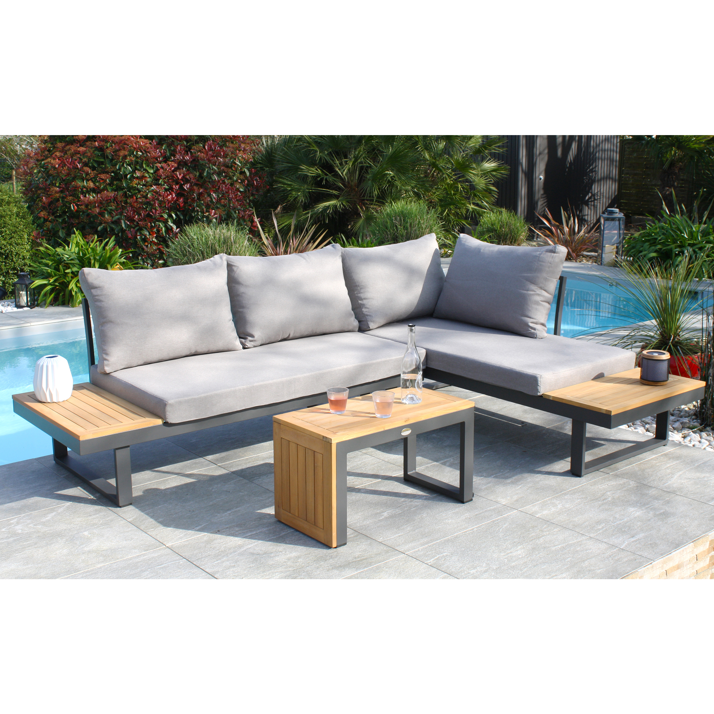 Voir la diapositive 2 : DCB GARDEN Salon bas de jardin - 4 places - Aluminium/bois - Anthracite - TOKYO