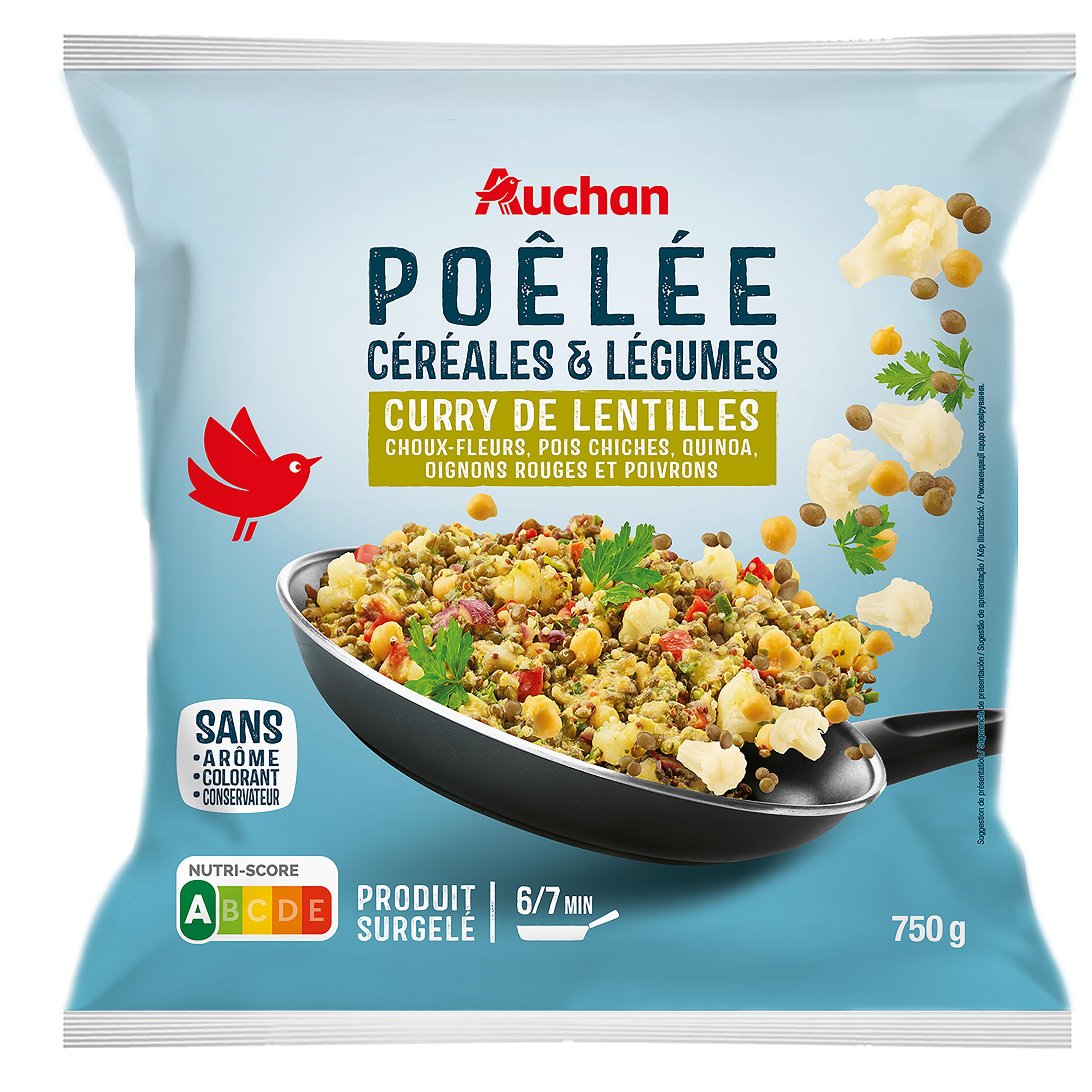 Voir la diapositive 2 : AUCHAN Poêlée de lentilles et céréales au curry 5 portions 750g
