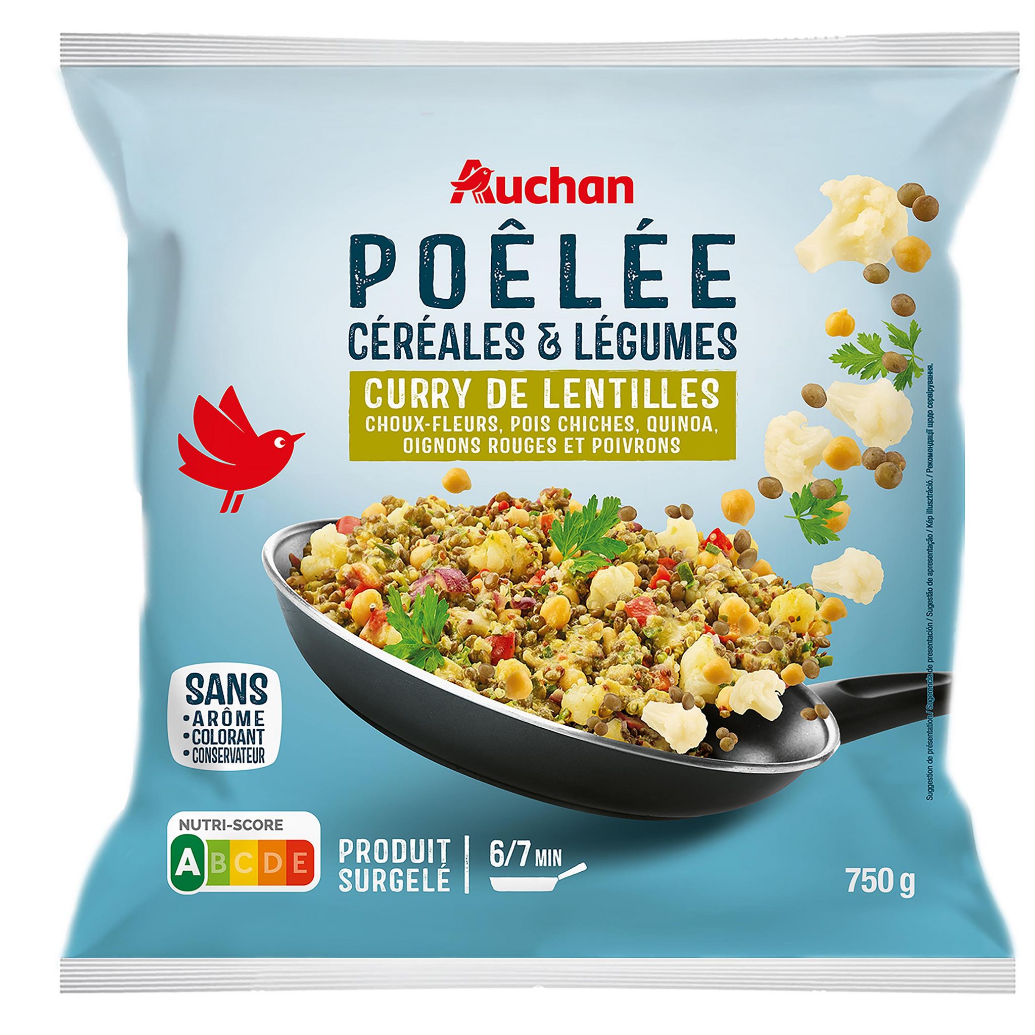 Voir la diapositive 2 : AUCHAN Poêlée de lentilles et céréales au curry 5 portions 750g