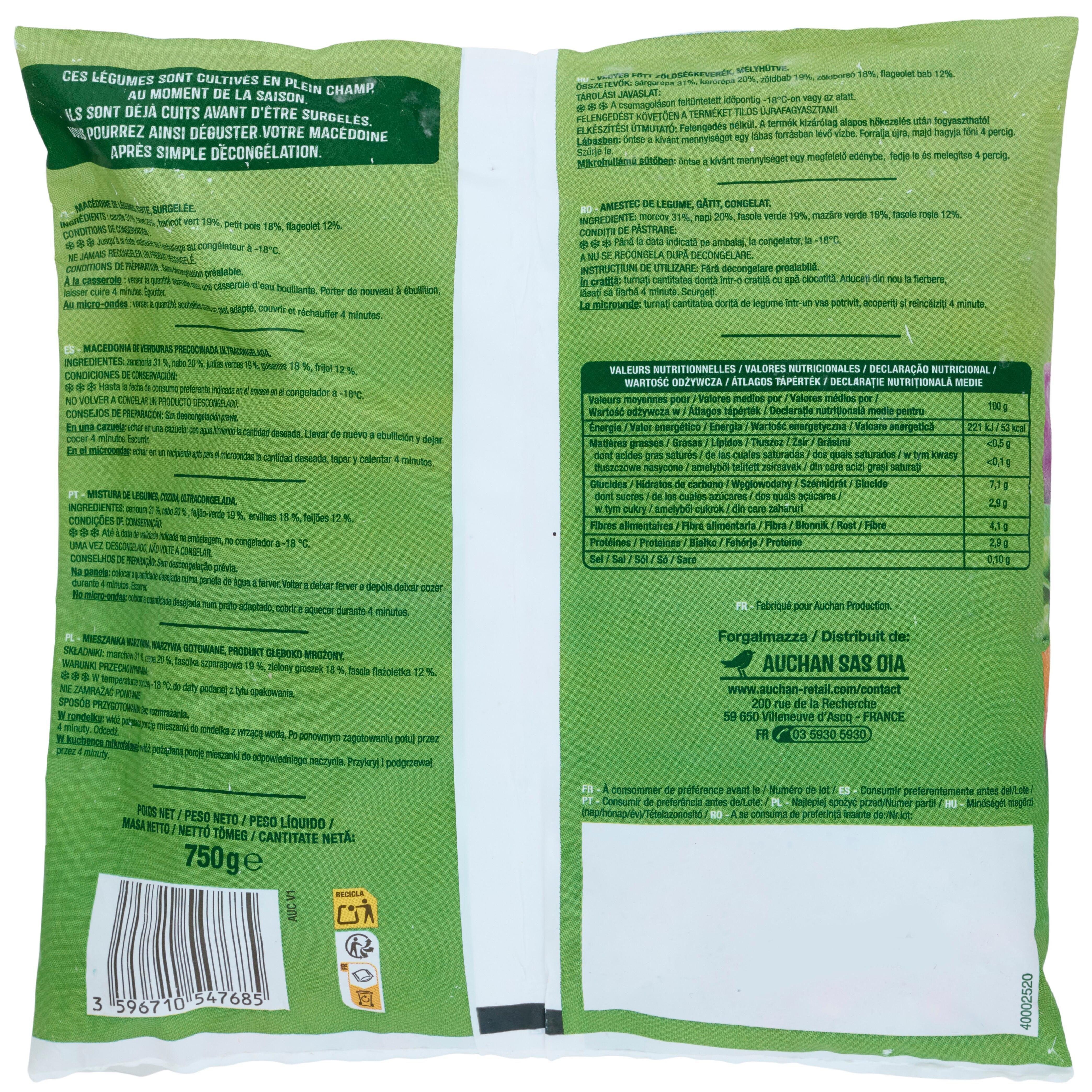 Voir la diapositive 3 : AUCHAN Macédoine de légumes déjà cuit 750g