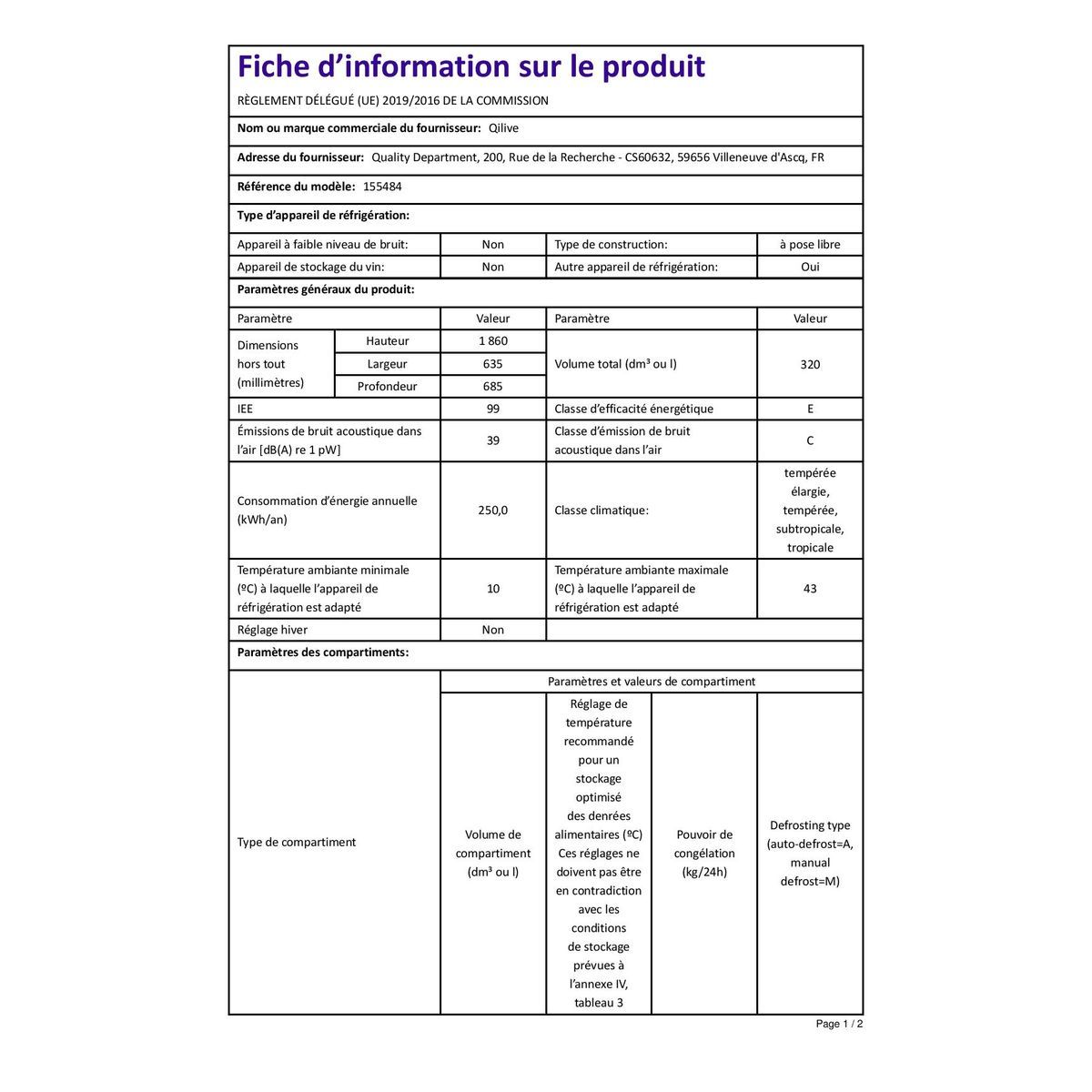 QILIVE Réfrigérateur multi portes Q.6663, 320 L, Froid ventilé No frost, E