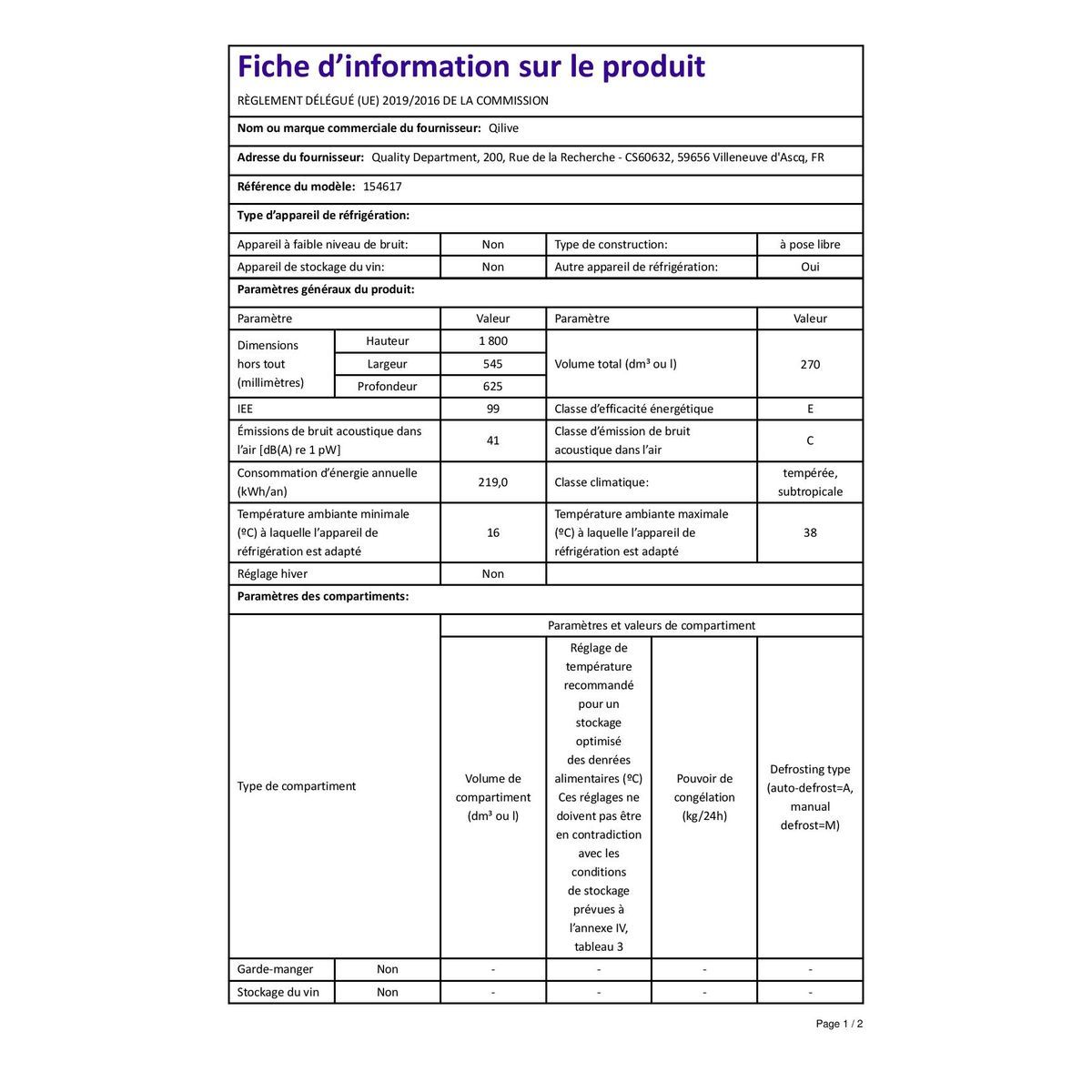 QILIVE Réfrigérateur combiné Q.6950, 270 L, Froid ventilé No frost, E