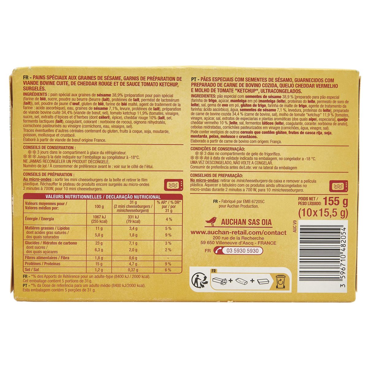 AUCHAN Mini cheeseburgers 10 pièces 155g