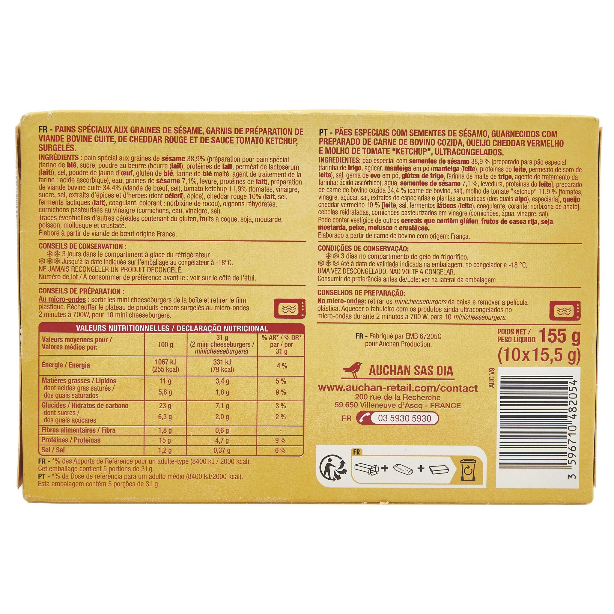 Voir la diapositive 3 : AUCHAN Mini cheeseburgers 10 pièces 155g