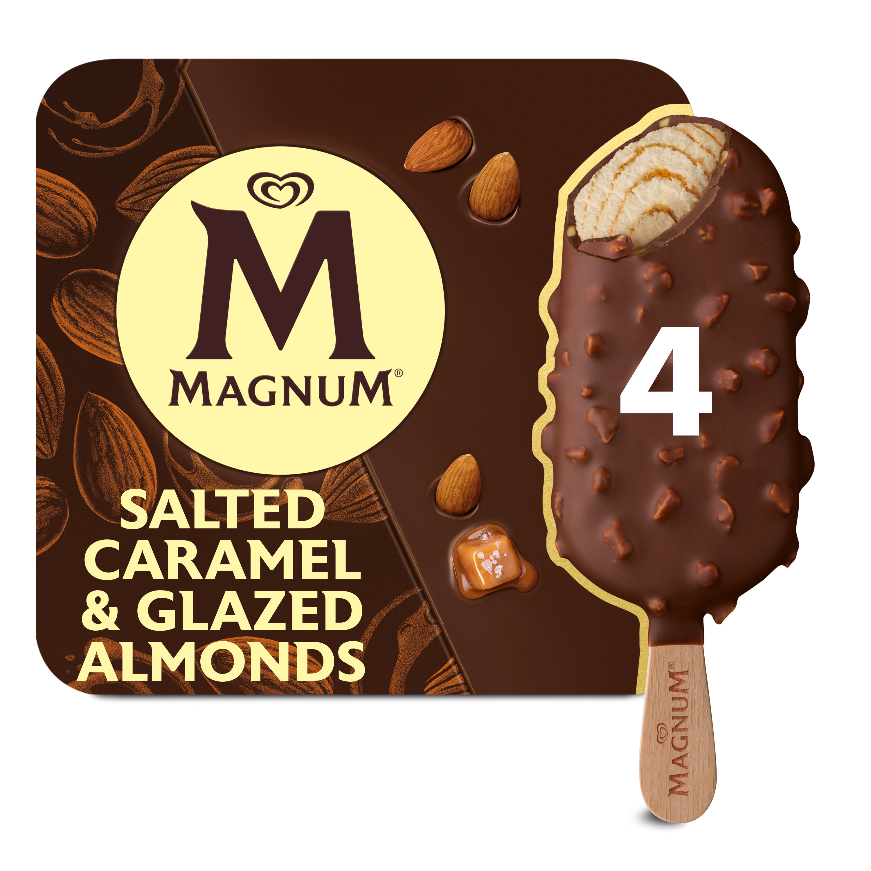 Voir la diapositive 2 : MAGNUM Bâtonnet glacé caramel salé avec éclats d'amandes 4 pièces 296g