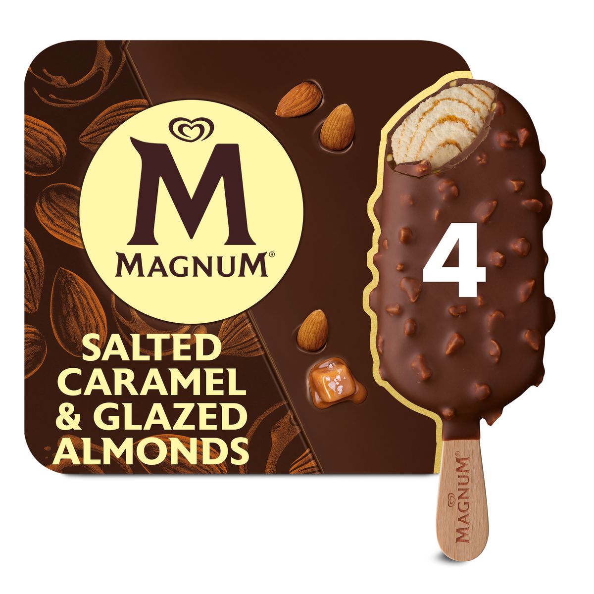 MAGNUM Bâtonnet glacé caramel salé avec éclats d'amandes 4 pièces 296g