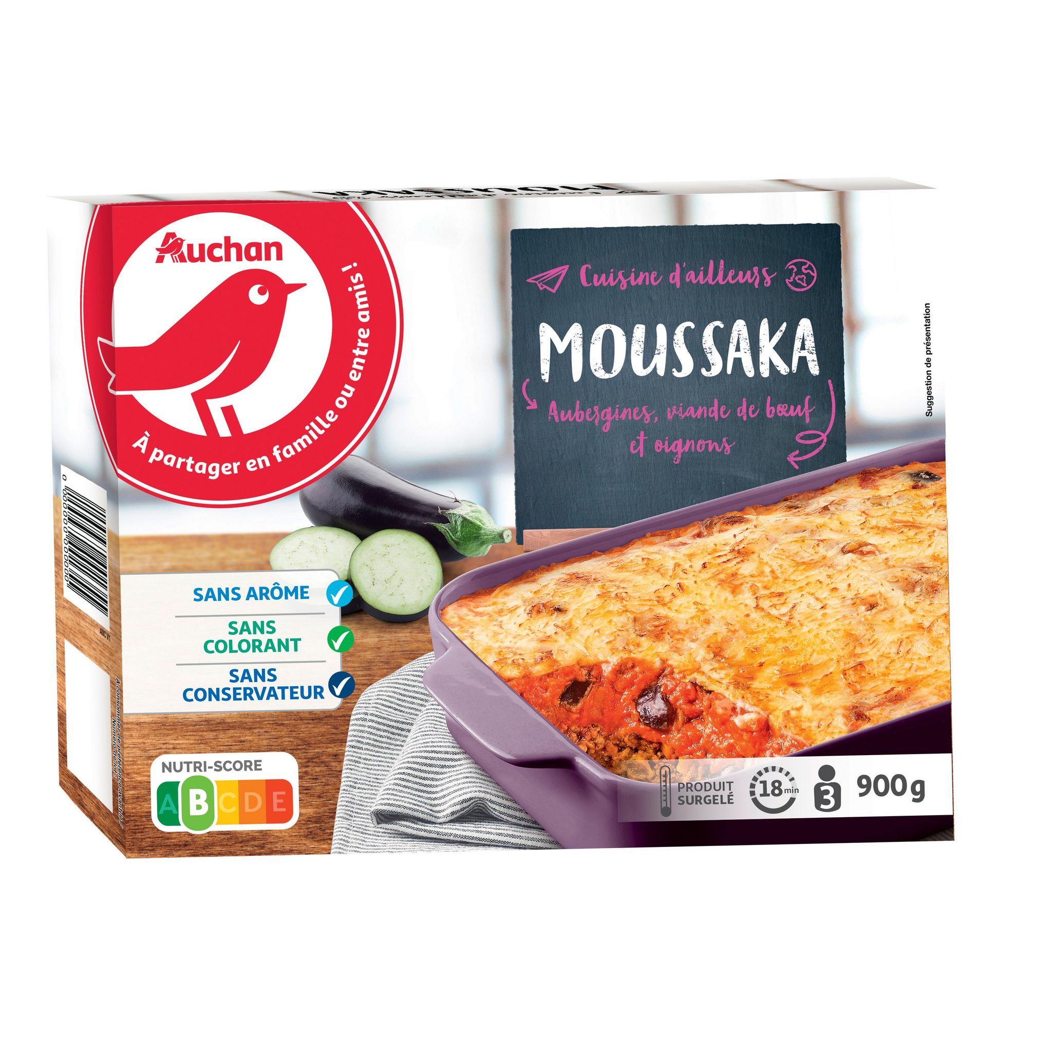 Voir la diapositive 2 : AUCHAN Moussaka au bœuf aubergines et oignons 3 portions 900g