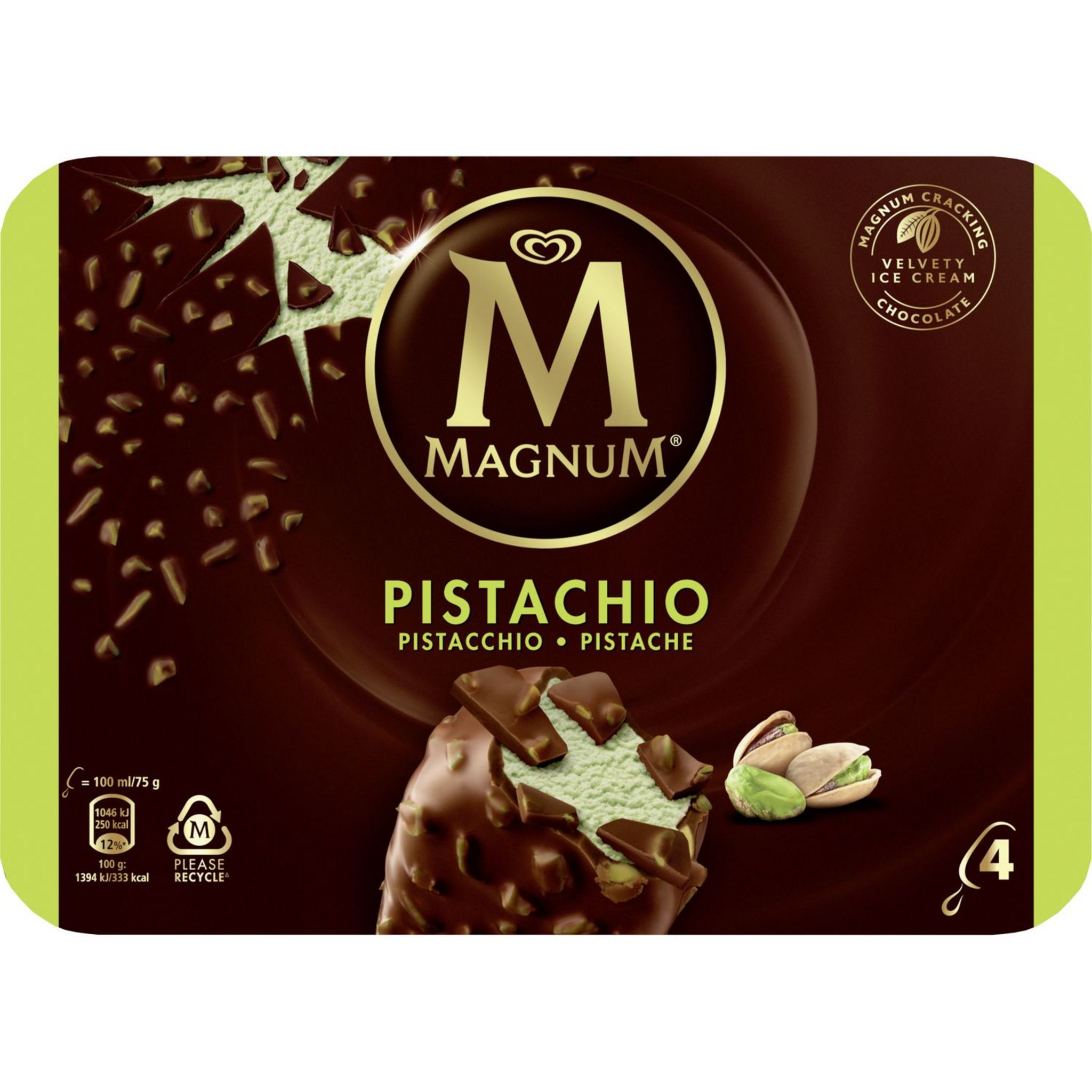 MAGNUM Bâtonnet glacé pistache enrobé de chocolat au lait 4 pîèces 300g