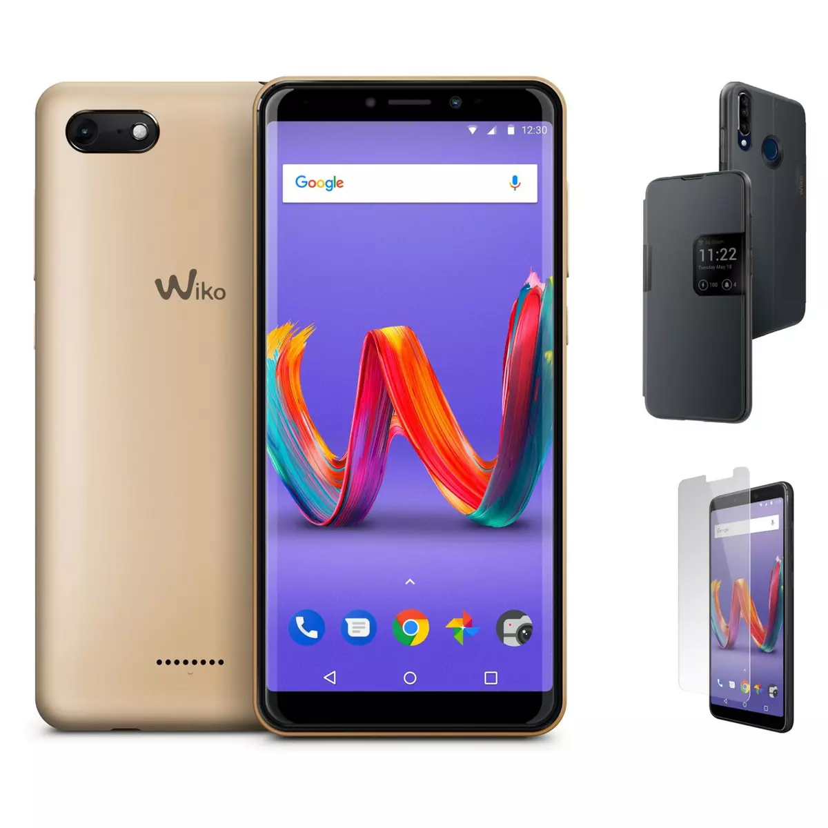 WIKO Pack Smartphone Harry2 Or 16 Go 5.45 pouces + Étui à rabat smart folio gris + Protection écran verre trempé