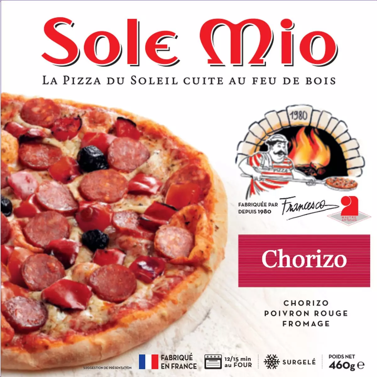 SOLE MIO Pizza chorizo poivron rouge fromage cuite au feu de bois 460g