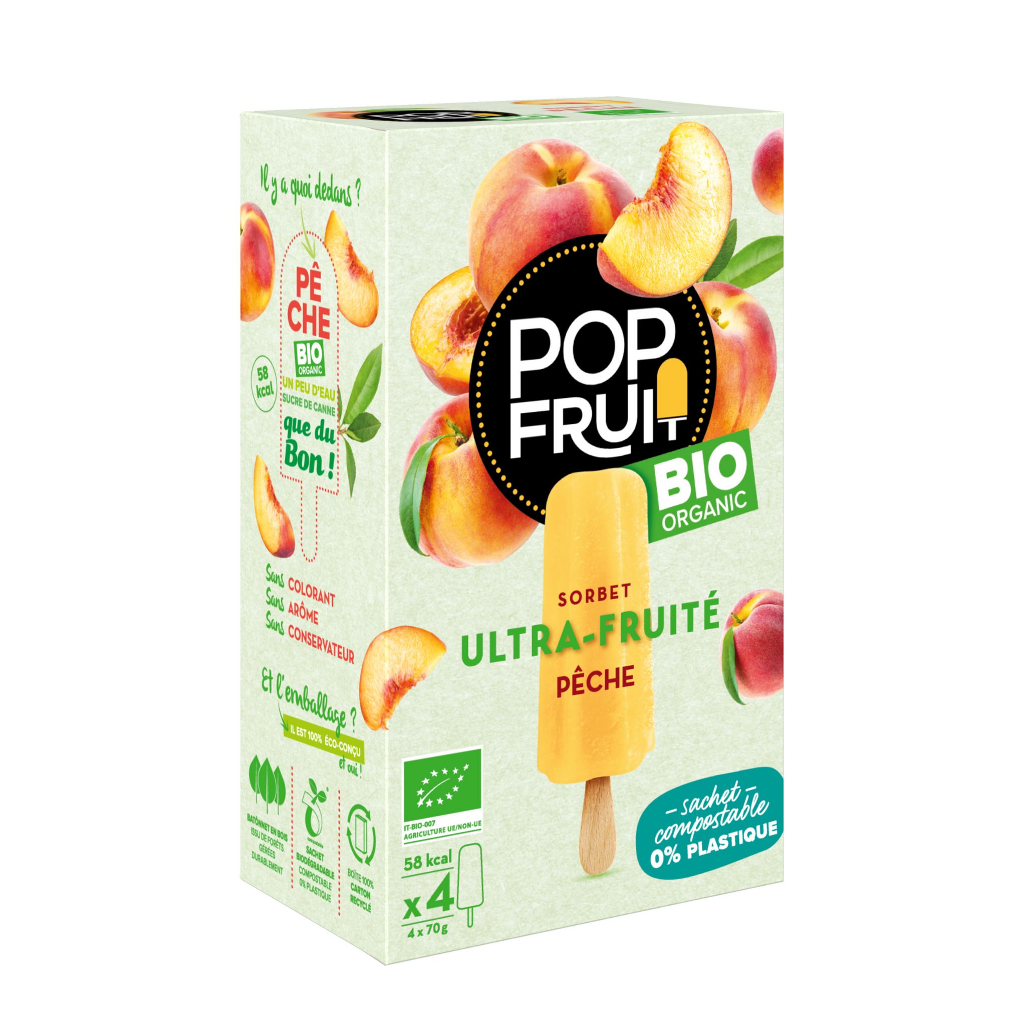 POP'FRUIT Bâtonnet glacé sorbet pêche bio 4 pièces 280g